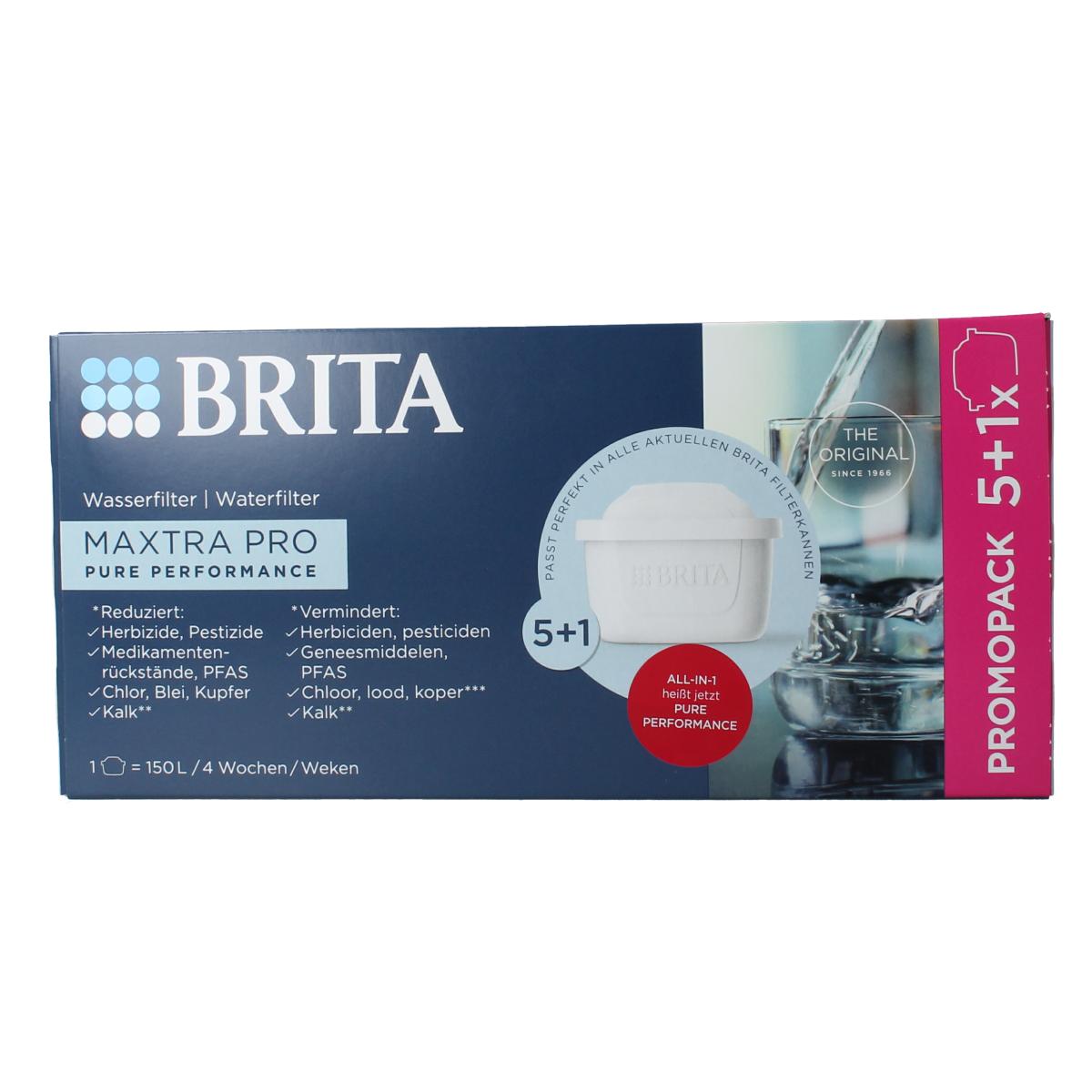 Brita MAXTRA PRO water filter cartridges for cooking and dining, showing six filter units with packaging labels.