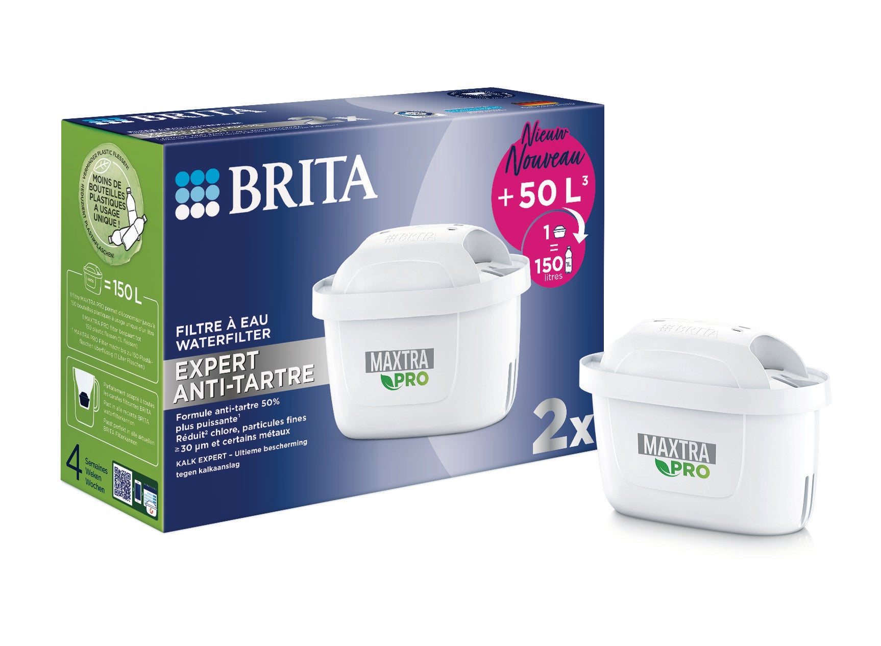 Brita MAXTRA PRO Kalk Expert water filter cartridges for cooking and dining, 2-pack shown in the image.