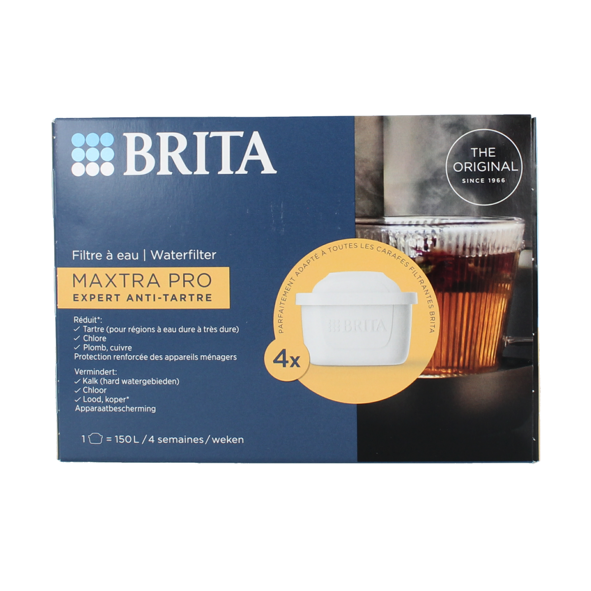 Brita MAXTRA PRO Kalk Expert water filter cartridges for cooking and dining, four-pack, showing the filter packaging.