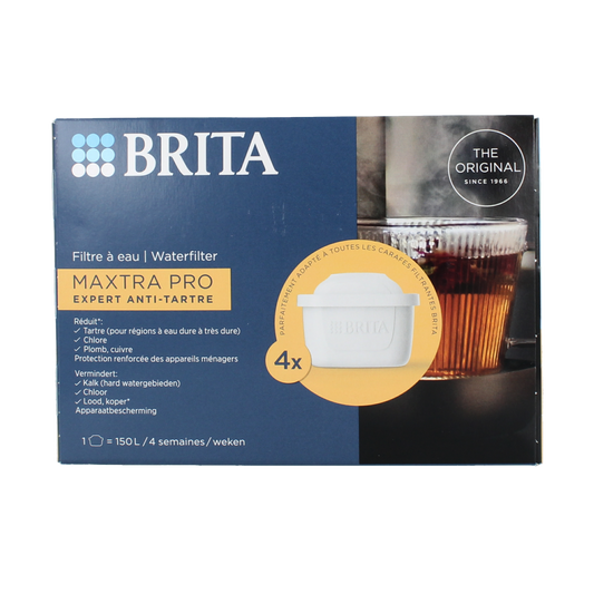 Brita MAXTRA PRO Kalk Expert water filter cartridges for cooking and dining, four-pack, showing the filter packaging.