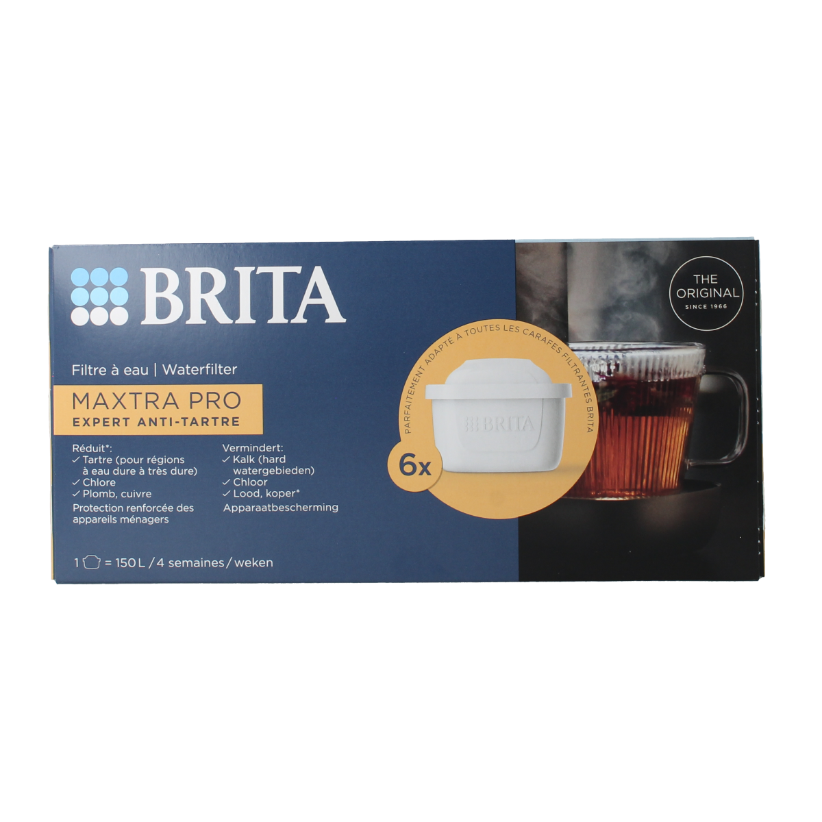 Brita MAXTRA PRO Kalk Expert water filter cartridges, 6-pack, designed for cooking and dining water filtration.