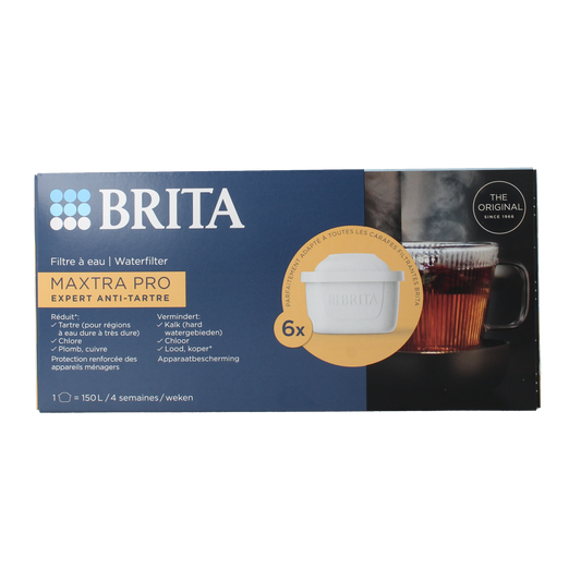 Brita MAXTRA PRO Kalk Expert water filter cartridges, 6-pack, designed for cooking and dining water filtration.