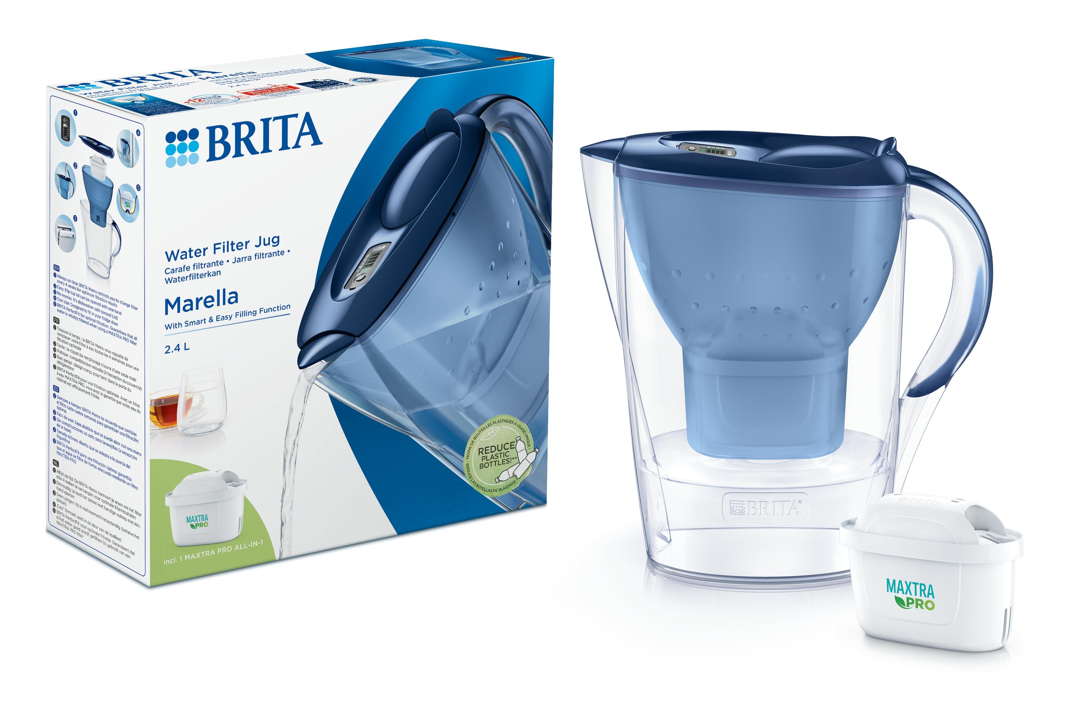 Brita Marella Cool blue water filter jug for cooking and dining, with a 1-liter capacity, in a vibrant blue color.