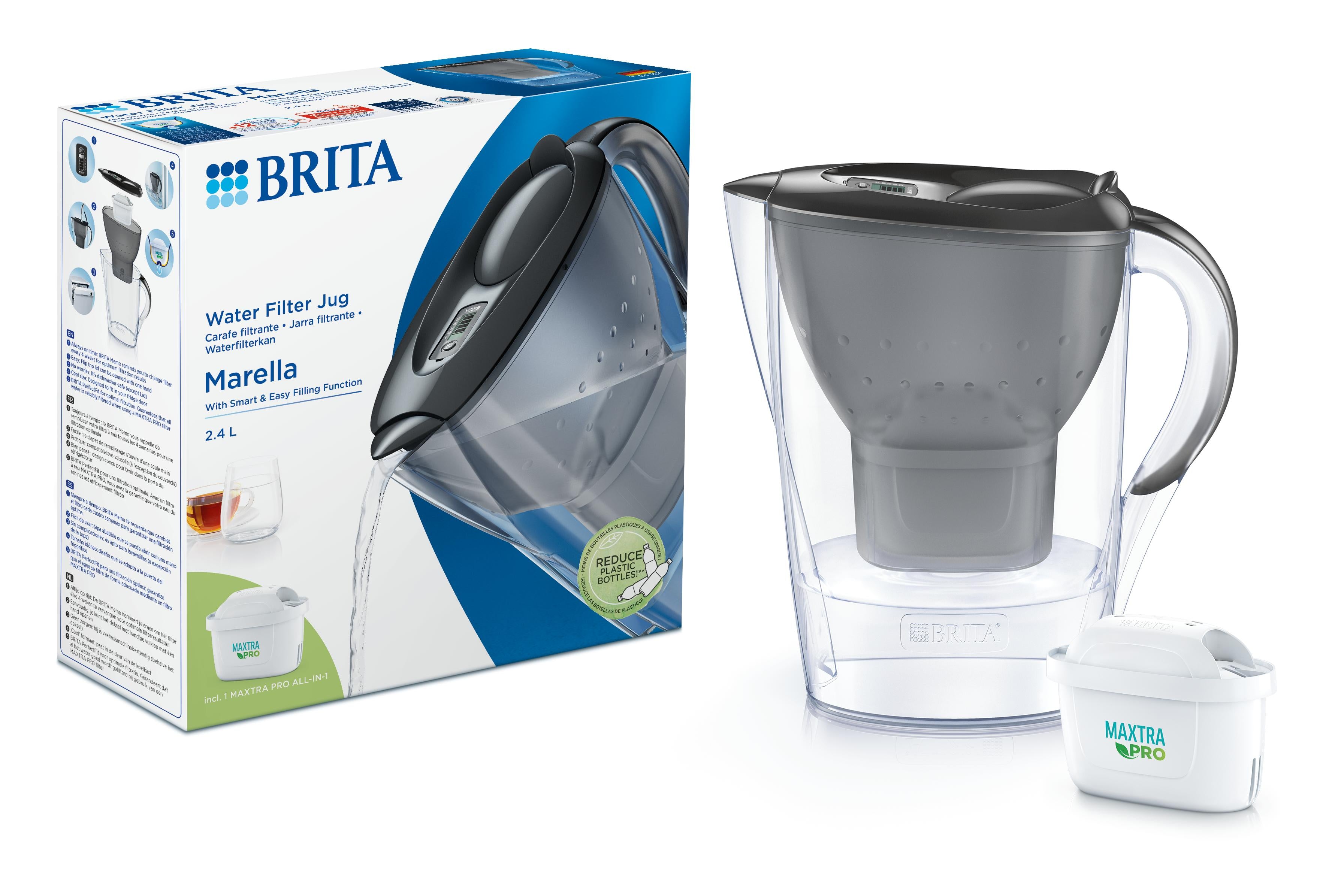 Brita Marella Cool graphite water filter jug for drinking water, with a sleek modern design and filter indicator.
