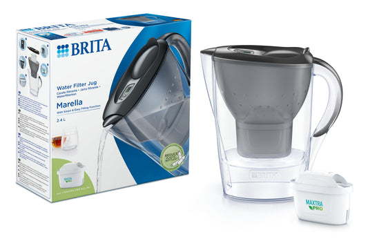 Brita Marella Cool graphite water filter jug for drinking water, with a sleek modern design and filter indicator.