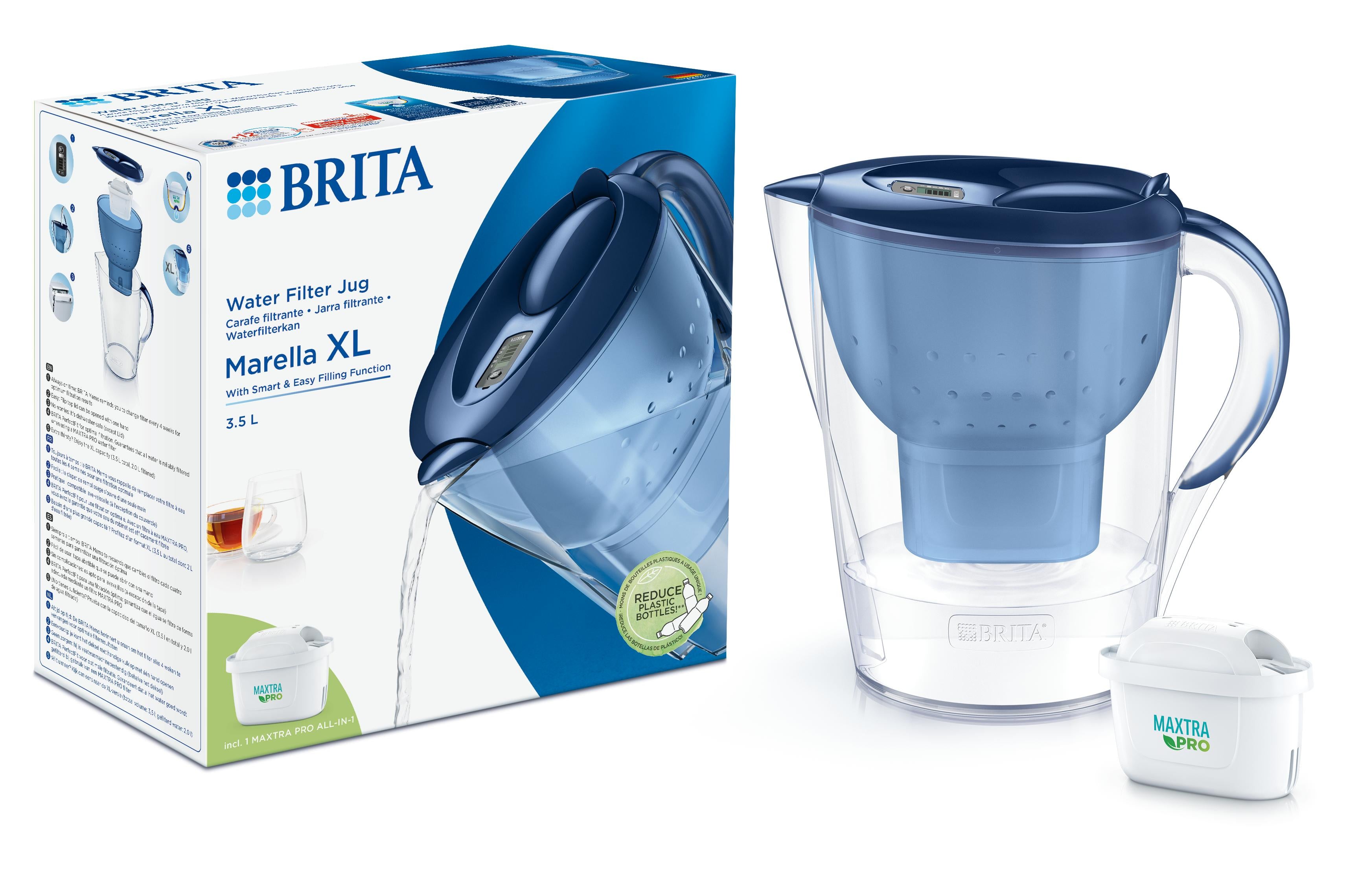 Brita Marella XL blue water filter pitcher for drinking water, 1-liter capacity, kitchen and dining use.