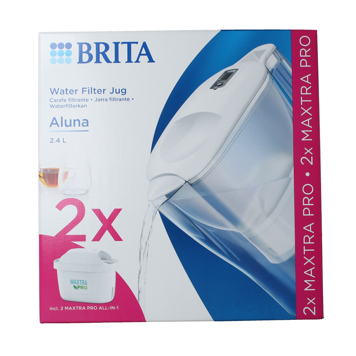 Brita Aluna Cool white water filter bundle with 2 Maxtra Pro filters, ideal for cooking and dining.