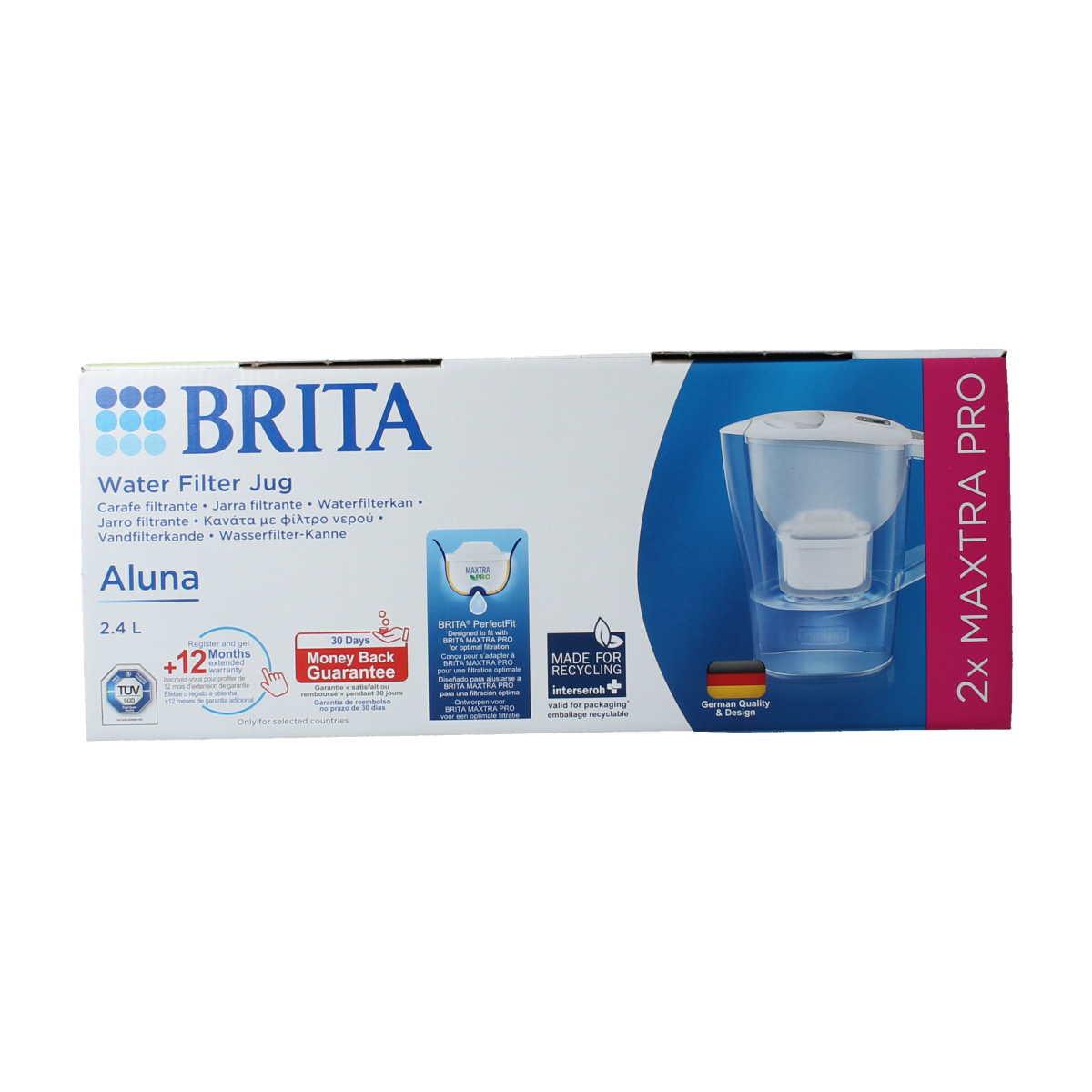 Brita Aluna Cool white water filter bundle with 2 MAXTRA PRO 3.00 filters for cooking and dining.