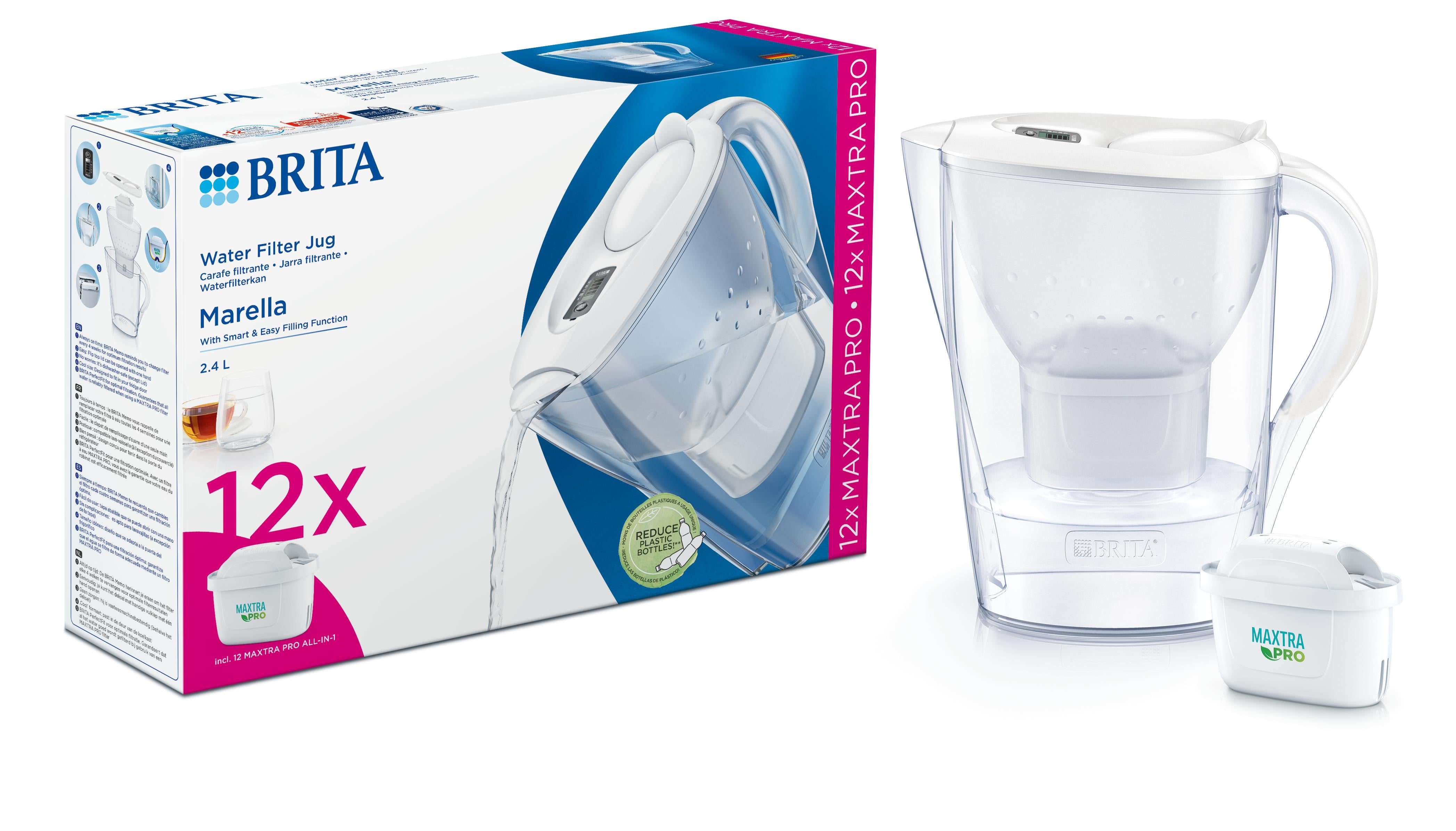 Brita Marella Cool white water filter jug with 12 MAXTRA+ replacement filters for cooking and dining.