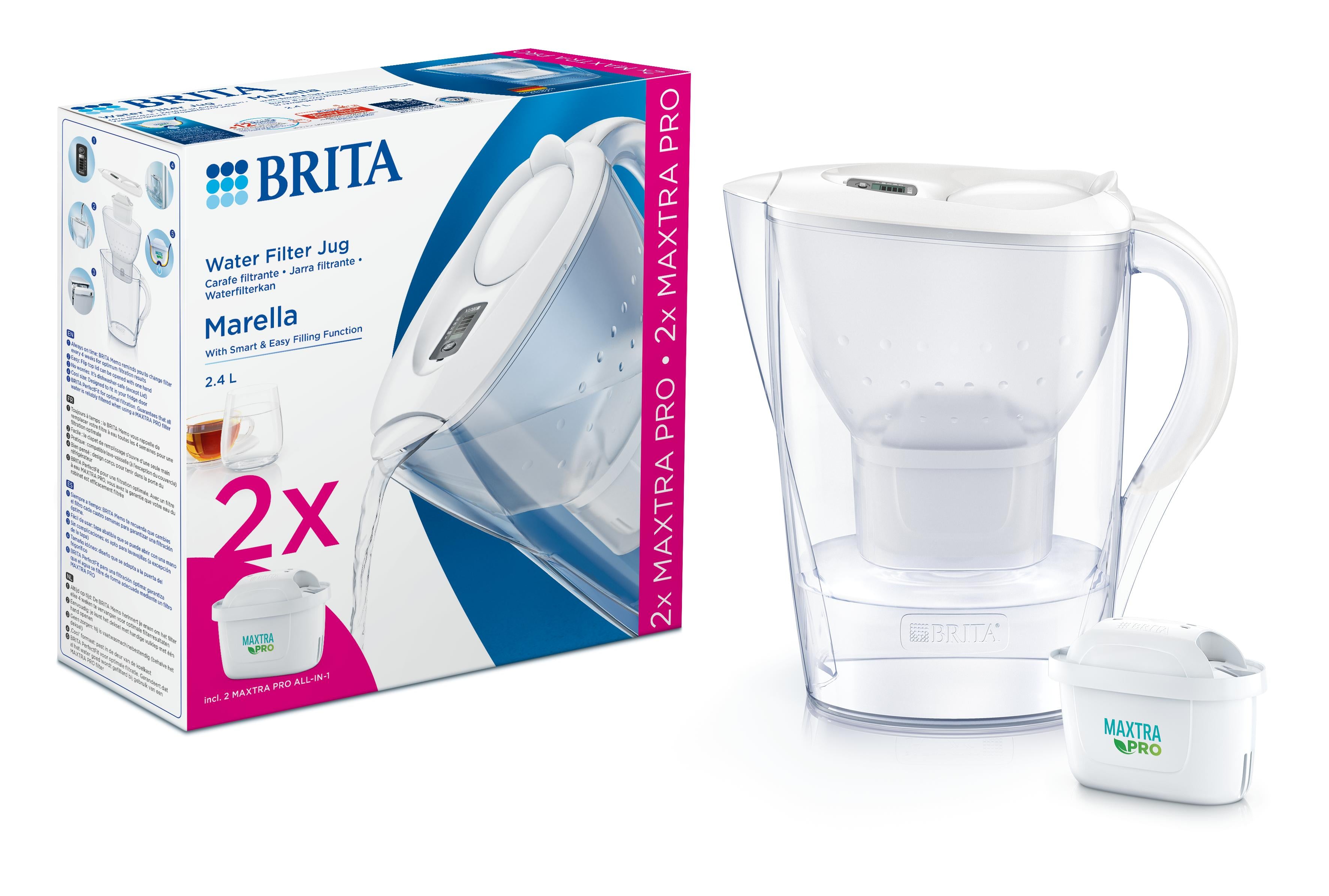 Brita Marella Cool white water filter jug with two MAXTRA+ filter cartridges for clean drinking water.