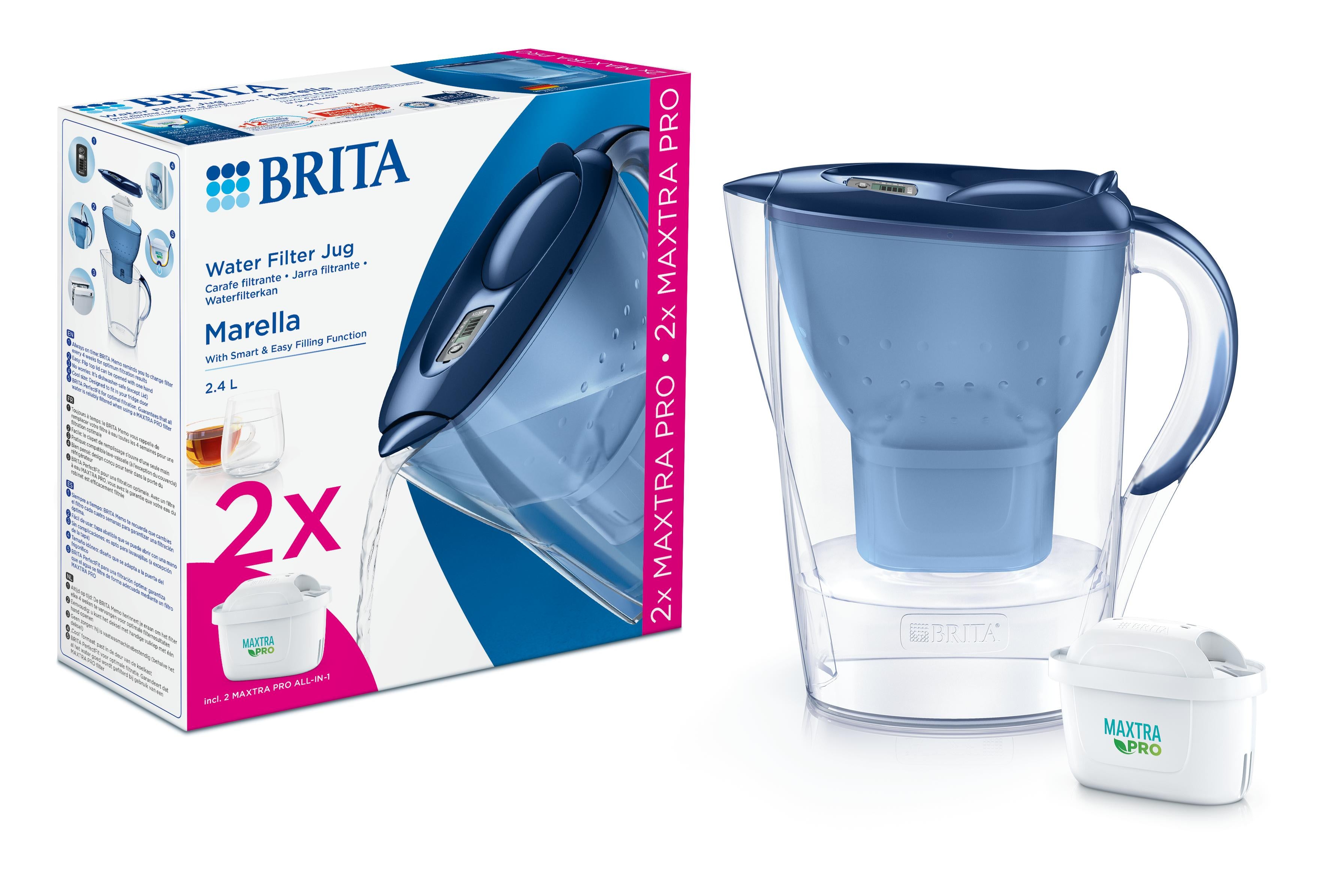 Brita Marella Cool blue water filter jug with 2 MAXTRA PRO filter cartridges for cooking and dining.