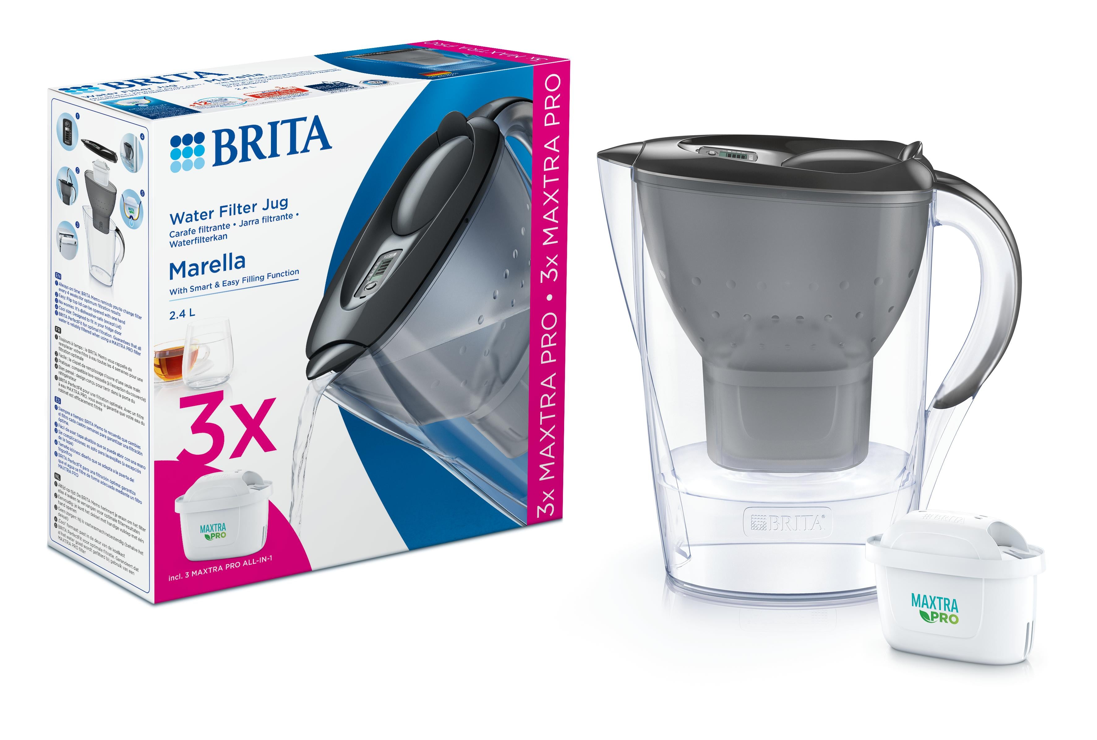 Brita Marella Cool grey water filter jug with three Maxtra Pro filter cartridges for clean drinking water.
