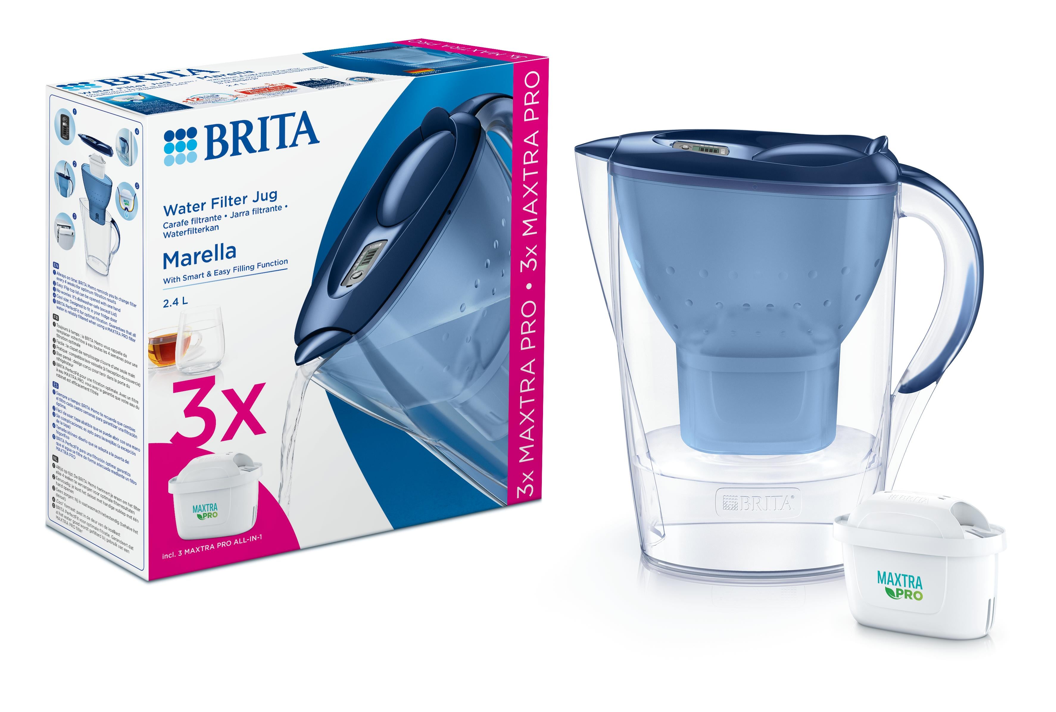 Brita Marella Cool blue water filter jug with three MAXTRA PRO filter cartridges, ideal for clean drinking water.