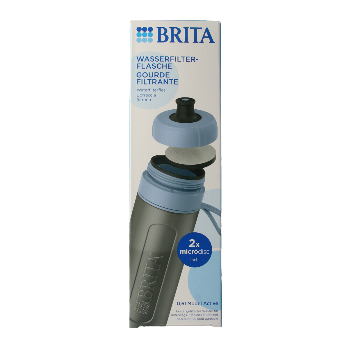 Brita water filter bottles in dark blue, set of 3, designed for cooking and dining, with Brita branding and filter cartridges visible.