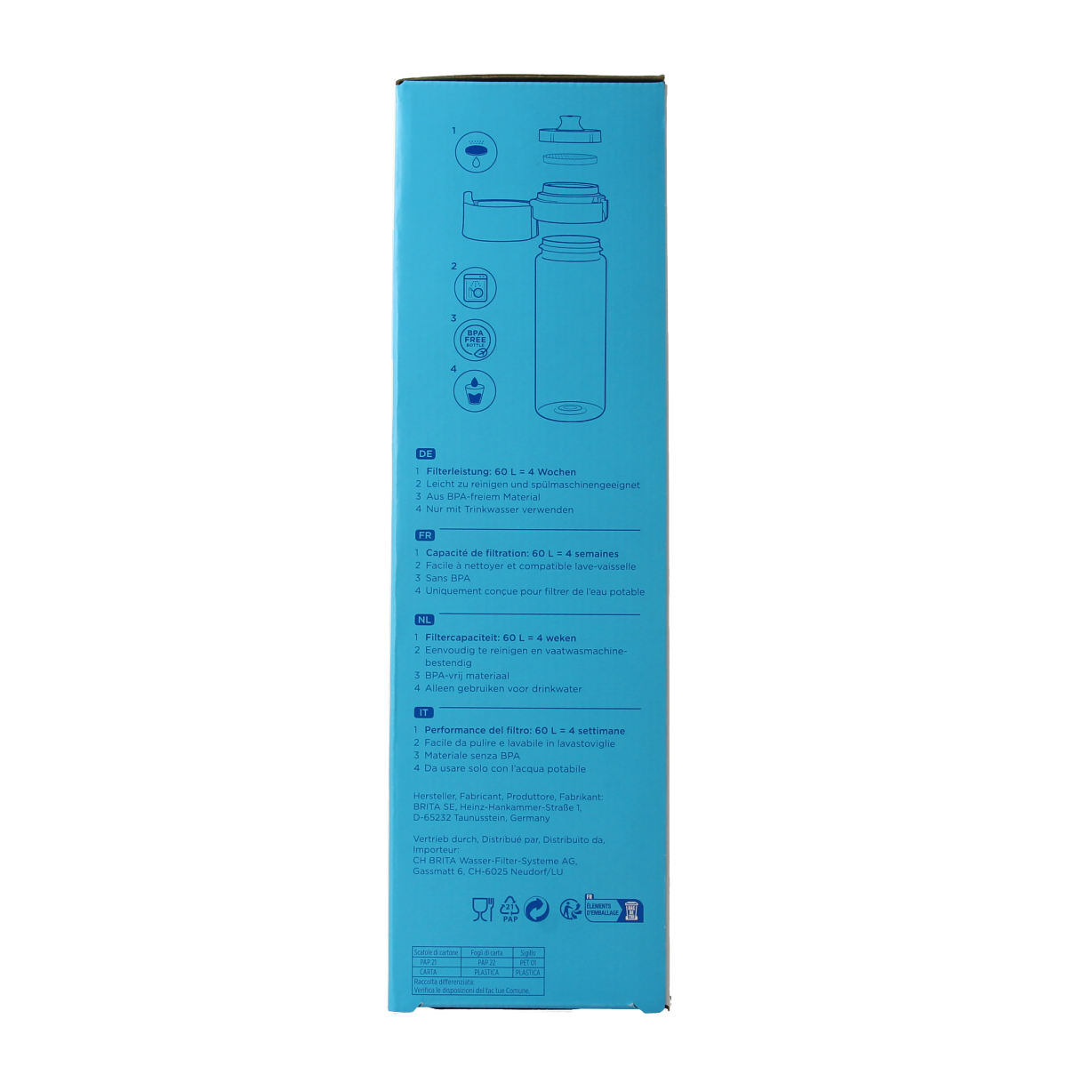 Set of three Brita light blue water filter bottles for cooking and dining, designed for fresh, filtered drinking water.