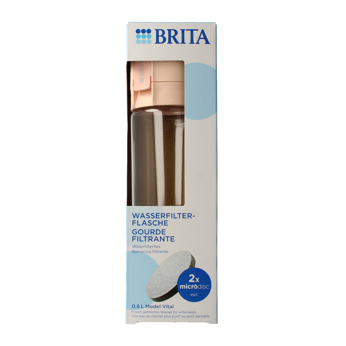 Brita water filter bottles in apricot color, 3-pack, designed for cooking and dining, featuring Brita branding and water filtration.