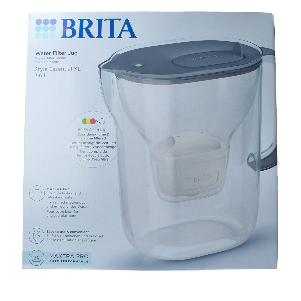 Brita Style Essential XL stone blue water filter jug for cooking and dining, with a sleek design and easy-fill spout.