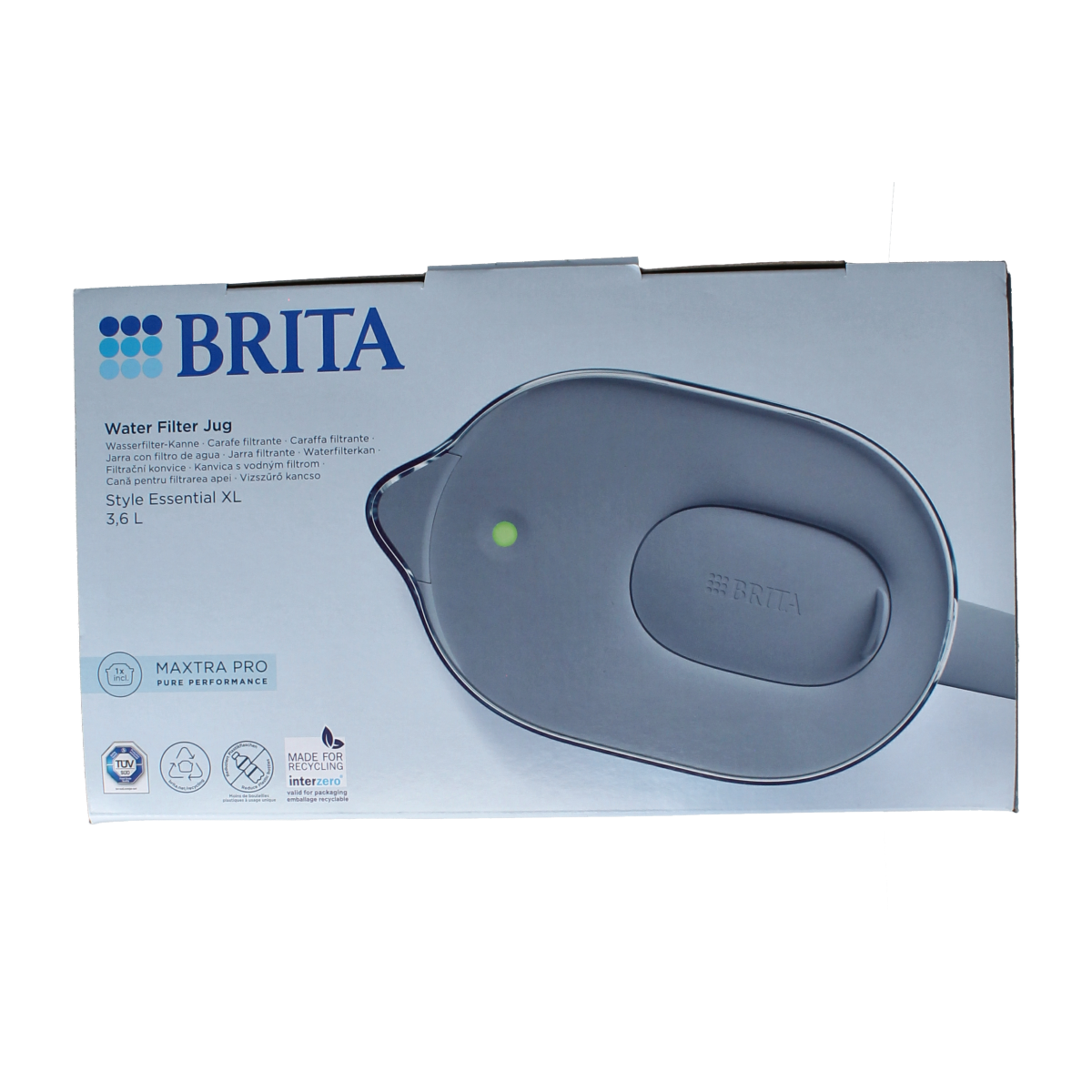 Brita Style Essential XL stone blue water filter pitcher for kitchen and table use with filter cartridge included.