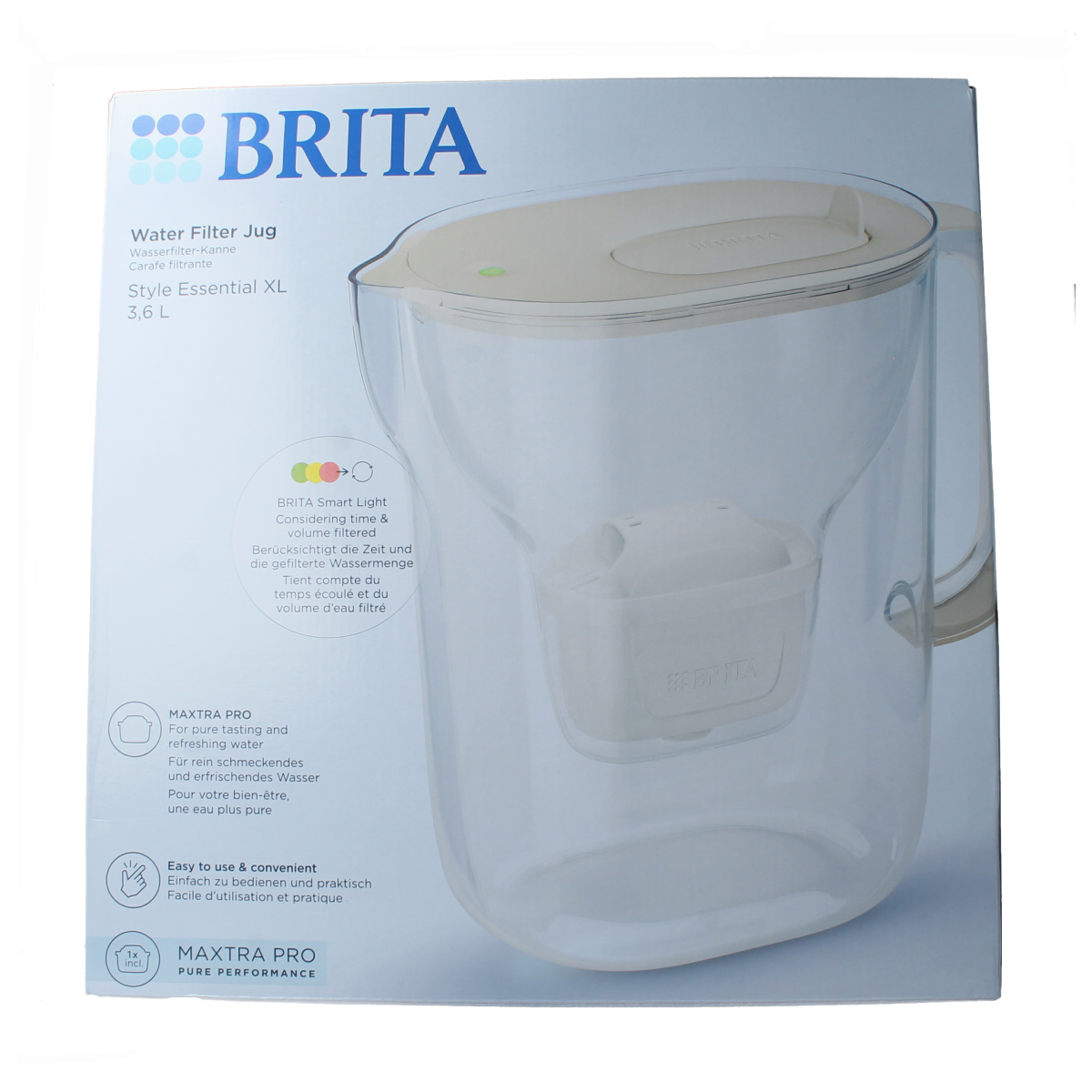 Brita Style Essential XL water filter jug in sand color for cooking and dining, with one filter cartridge visible.