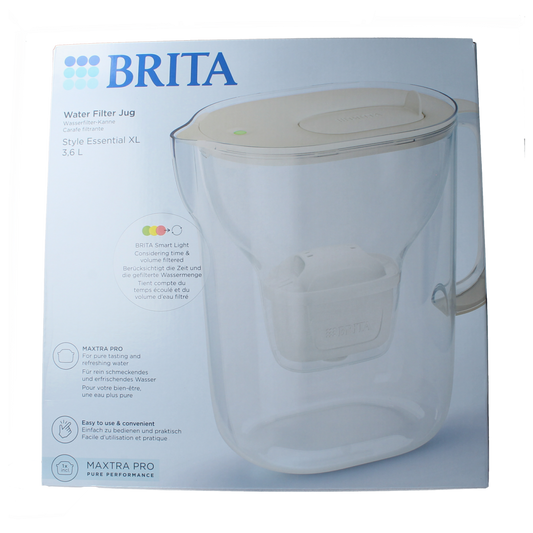 Brita Style Essential XL water filter jug in sand color for cooking and dining, with one filter cartridge visible.