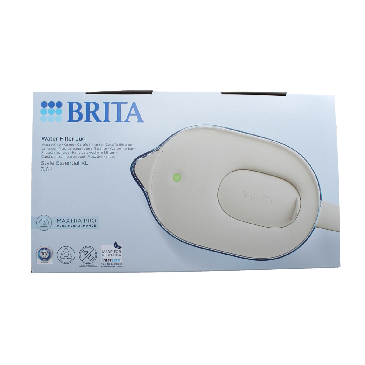 Brita Style Essential XL water filter jug in sand color, designed for cooking and dining, with one filter cartridge inside.