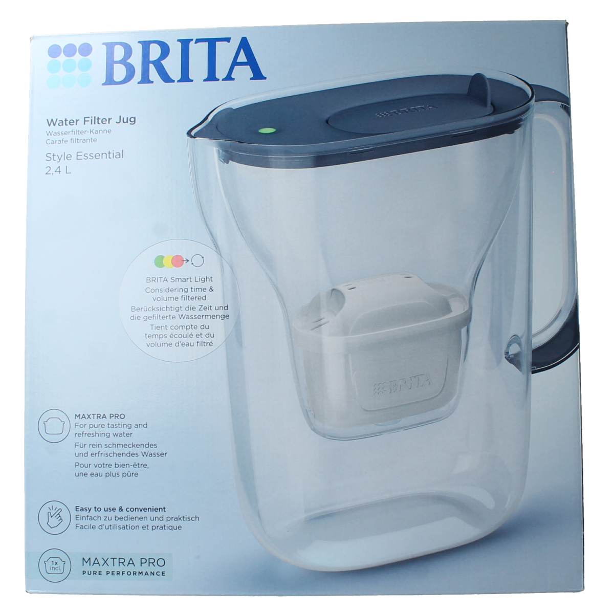 Brita Style Essential Cool stone blue water filter jug for kitchen and table use, 1 liter capacity, Brita brand.