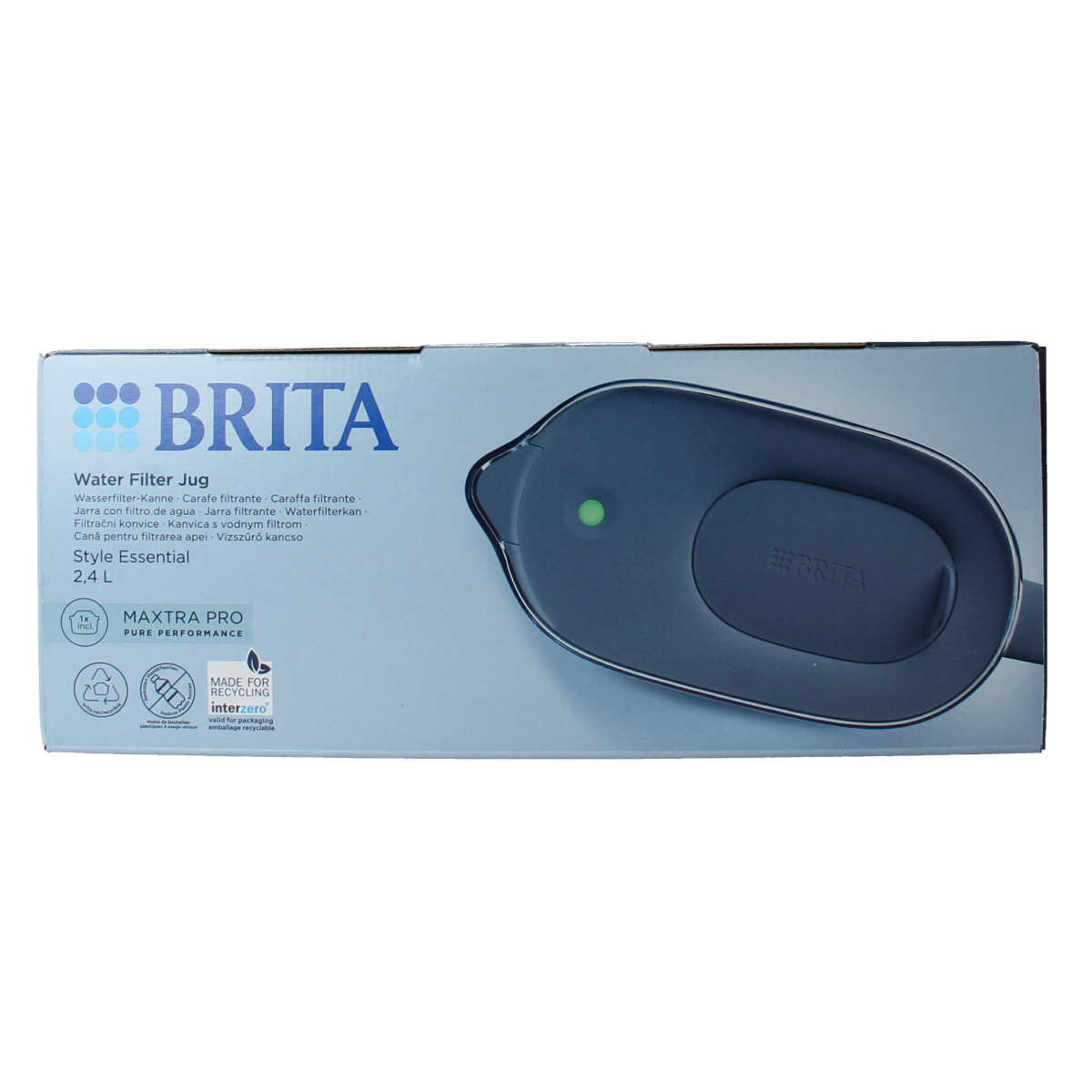 Brita Style Essential Cool stone blue water filter jug for kitchen and table use, 1-liter capacity, Brita brand.