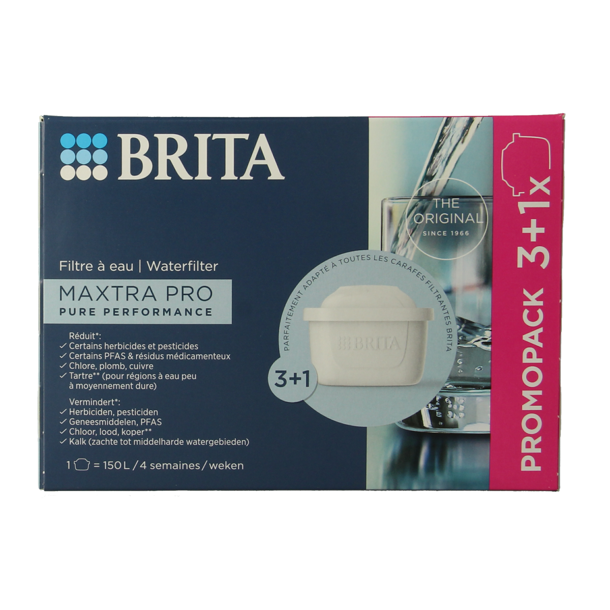 Brita MAXTRA PRO water filter cartridges for cooking and table use, 4-pack, designed for pure water performance.