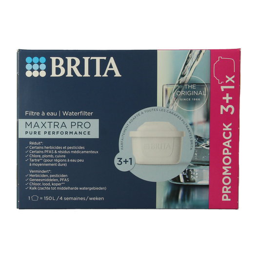 Brita MAXTRA PRO water filter cartridges for cooking and table use, 4-pack, designed for pure water performance.