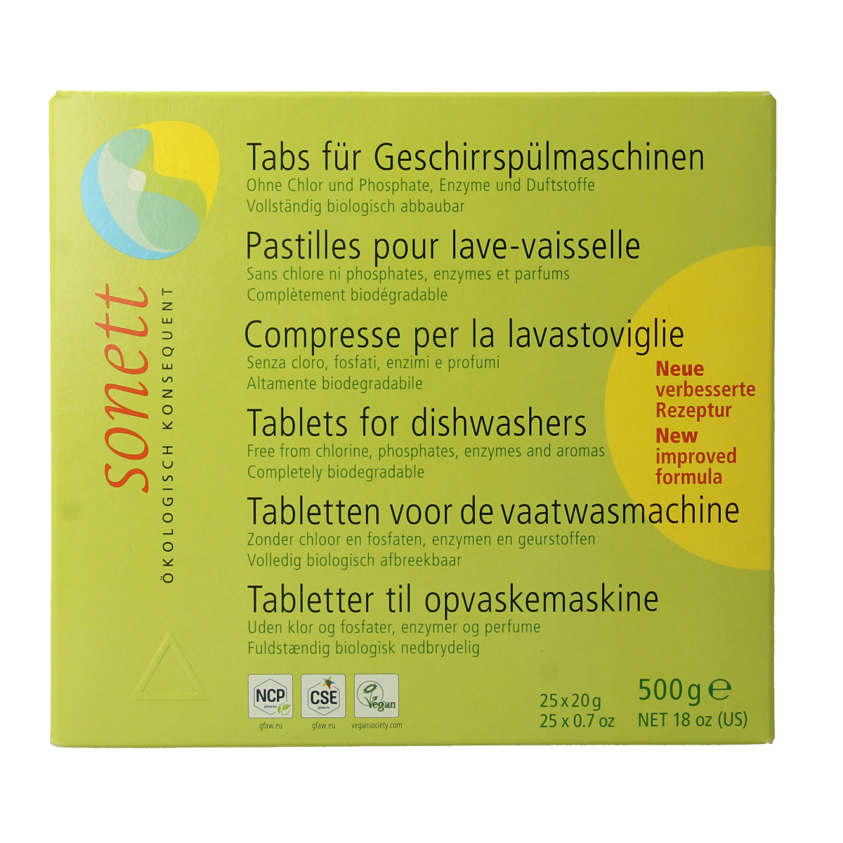 Sonett Vaatwasmachine tablet for dishwashers, eco-friendly cleaning product, 25-pack, in a sealed package.