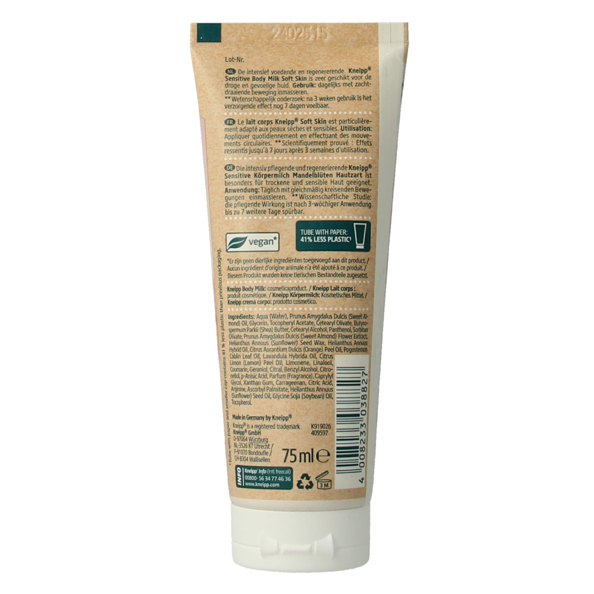 Kneipp Bodymilk soft skin mini bottle, 75ml, for nourishing body care and smooth, hydrated skin.