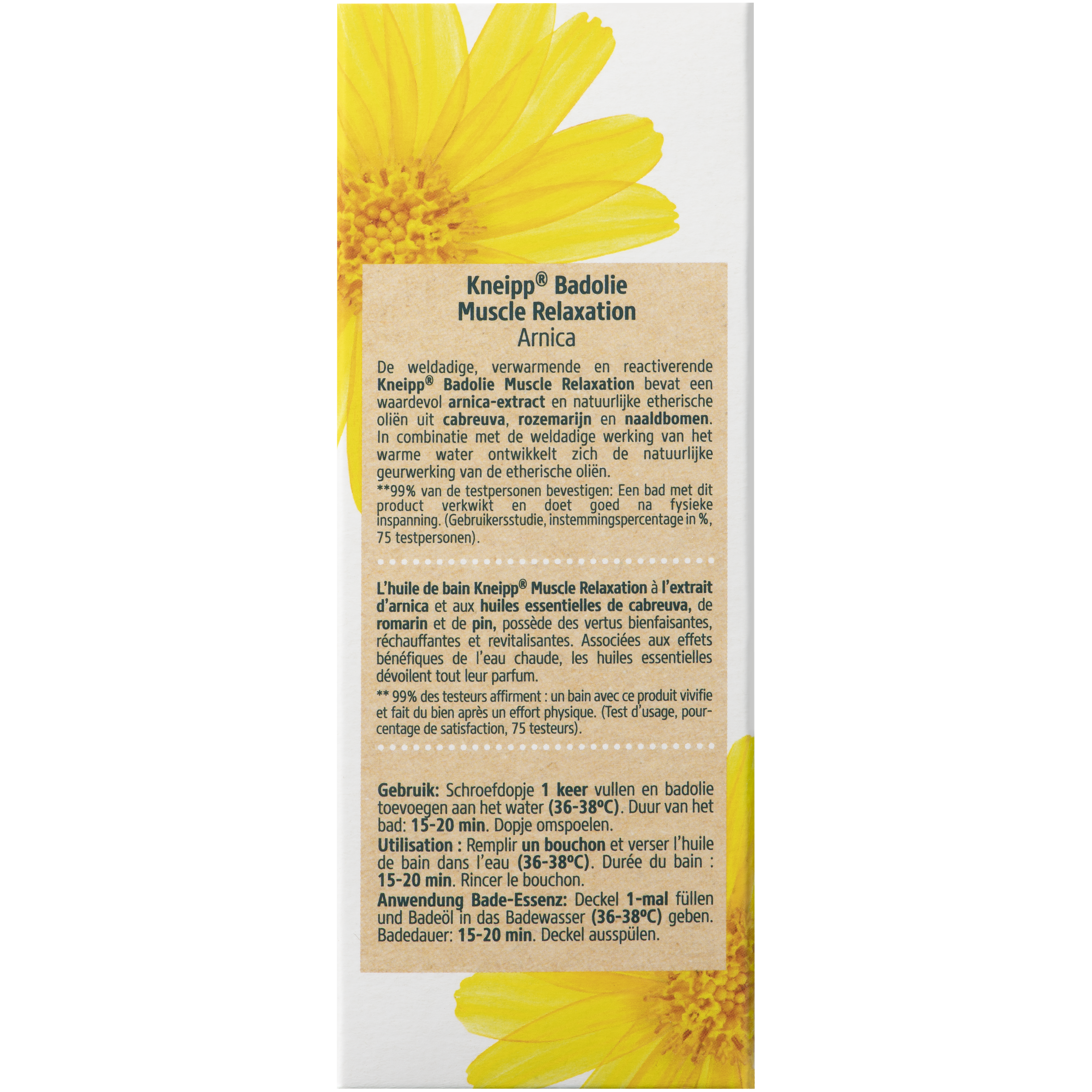 Kneipp Muscle Relaxation Arnica Bath Oil 100ml, in a clear bottle with a yellow cap, designed for soothing muscle bath and shower use.