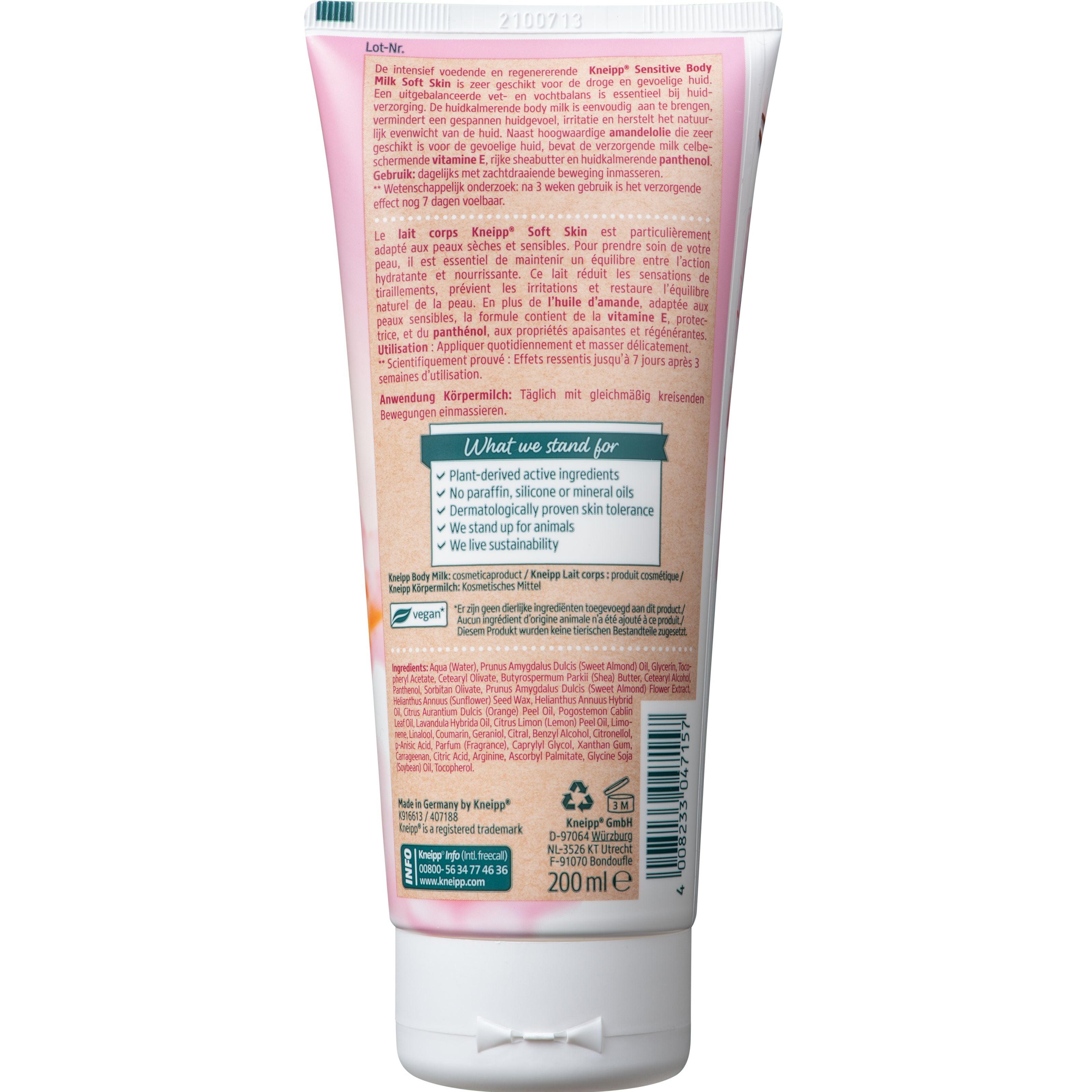 Kneipp Soft Skin Sensitive Body Milk with almond oil in a 200ml bottle, ideal for gentle skin hydration and care.