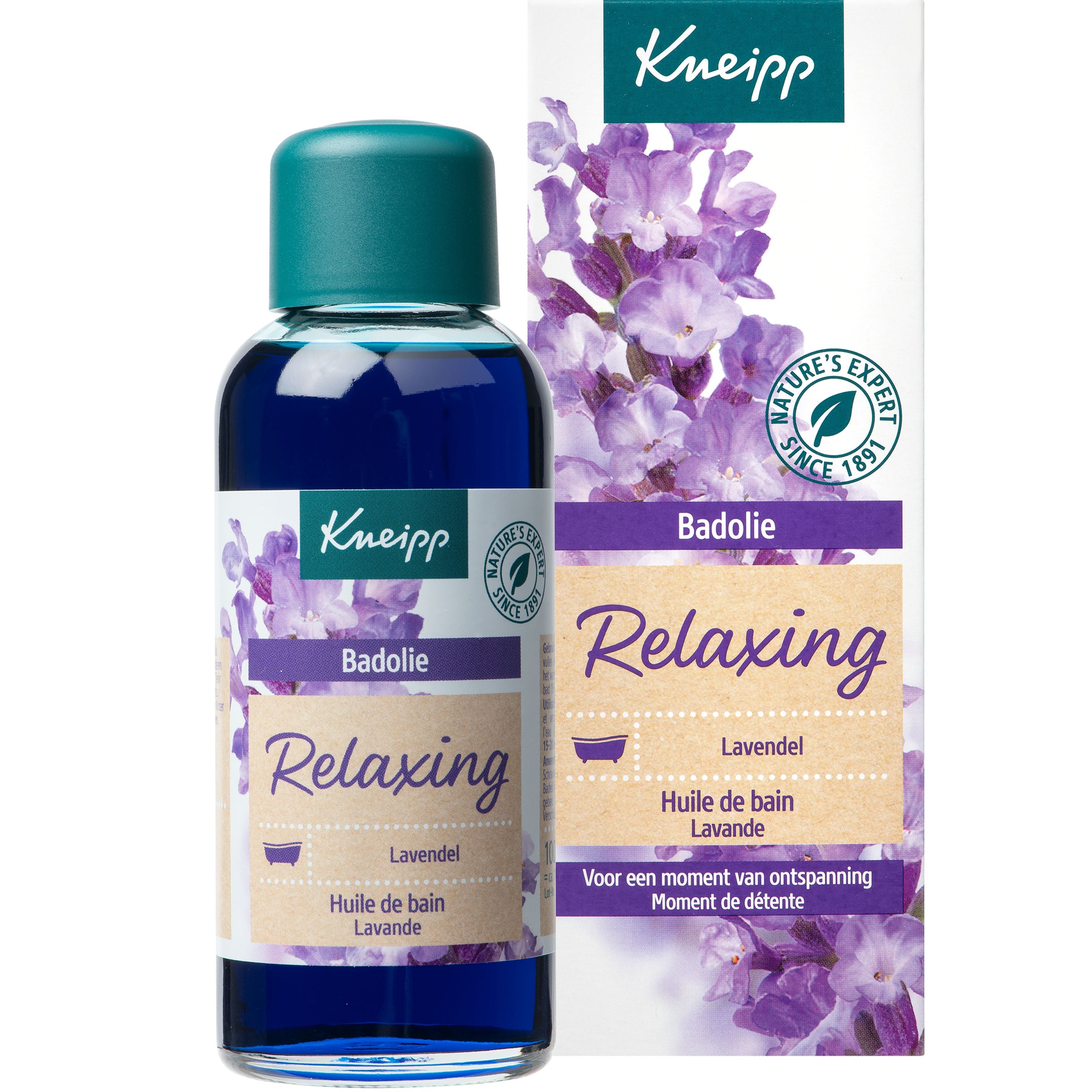 Kneipp Relaxing Lavender Bath Oil bottle, 100ml, for soothing bath and shower experiences with calming lavender scent.