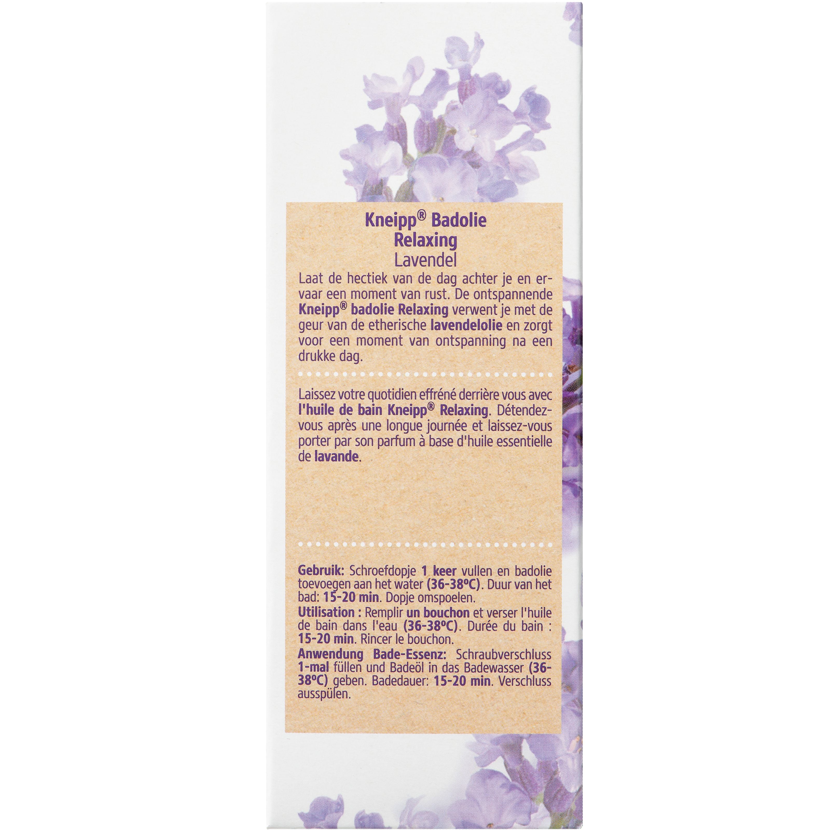 Kneipp Relaxing Lavender Bath Oil bottle, 100ml, for soothing bath and shower relaxation with lavender scent.