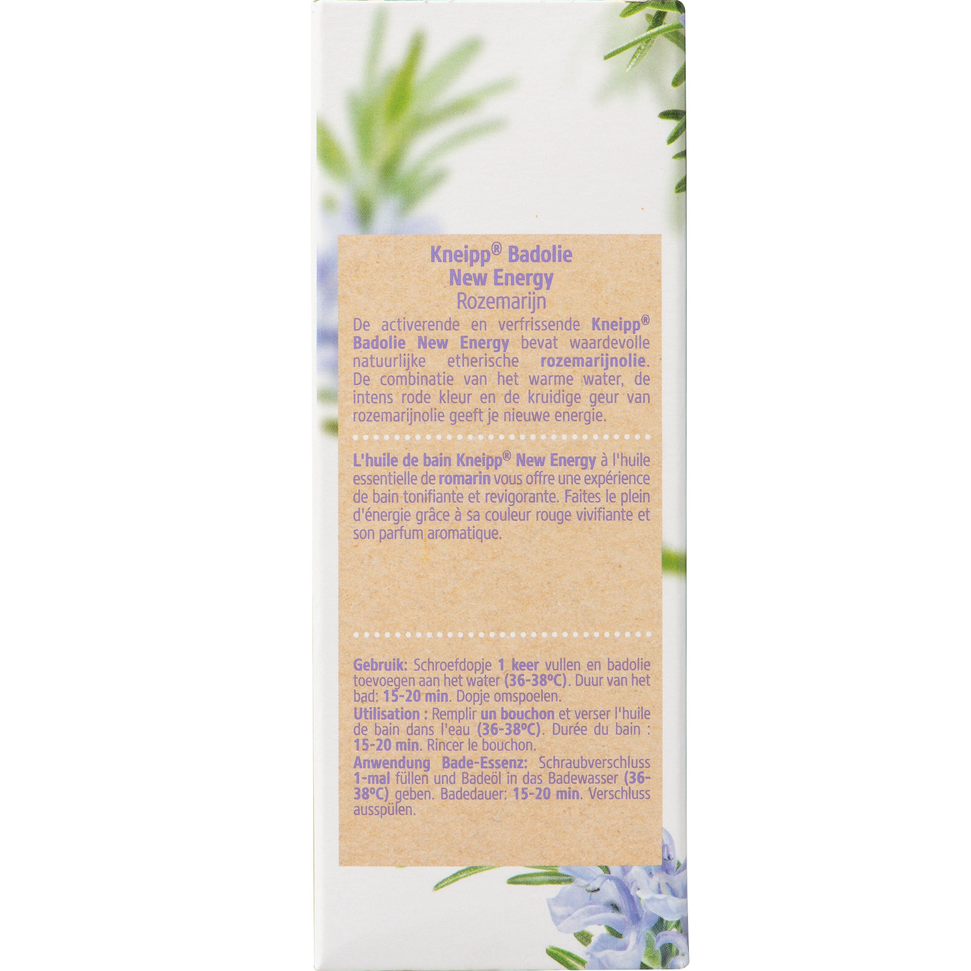 Kneipp New Energy Badolie with rosemary in 100ml bottle, suitable for bath and shower use, with fresh herbal scent.