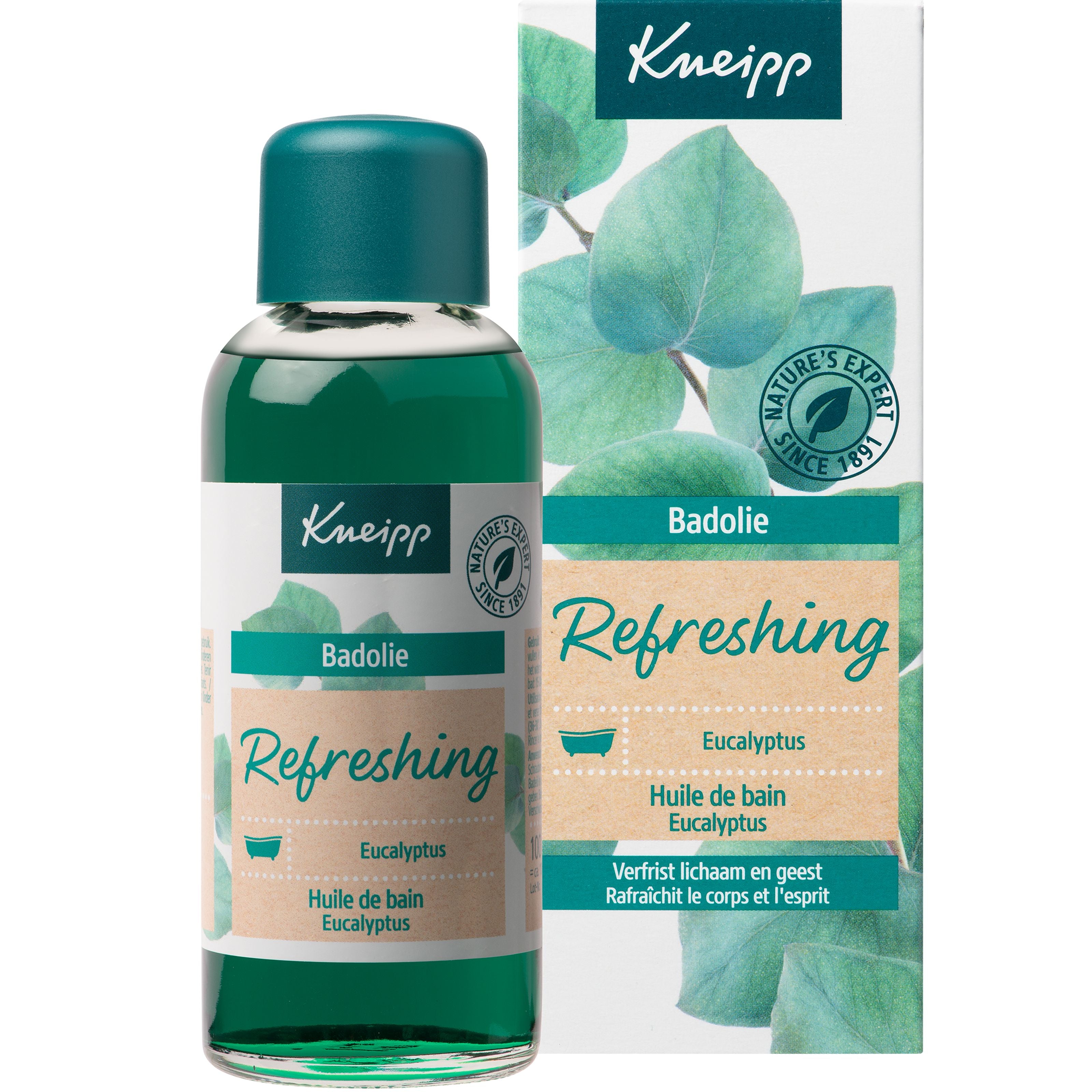 Kneipp Refreshing eucalyptus bath and shower oil in a 100ml bottle, with a focus on the oil's clear container and eucalyptus label.