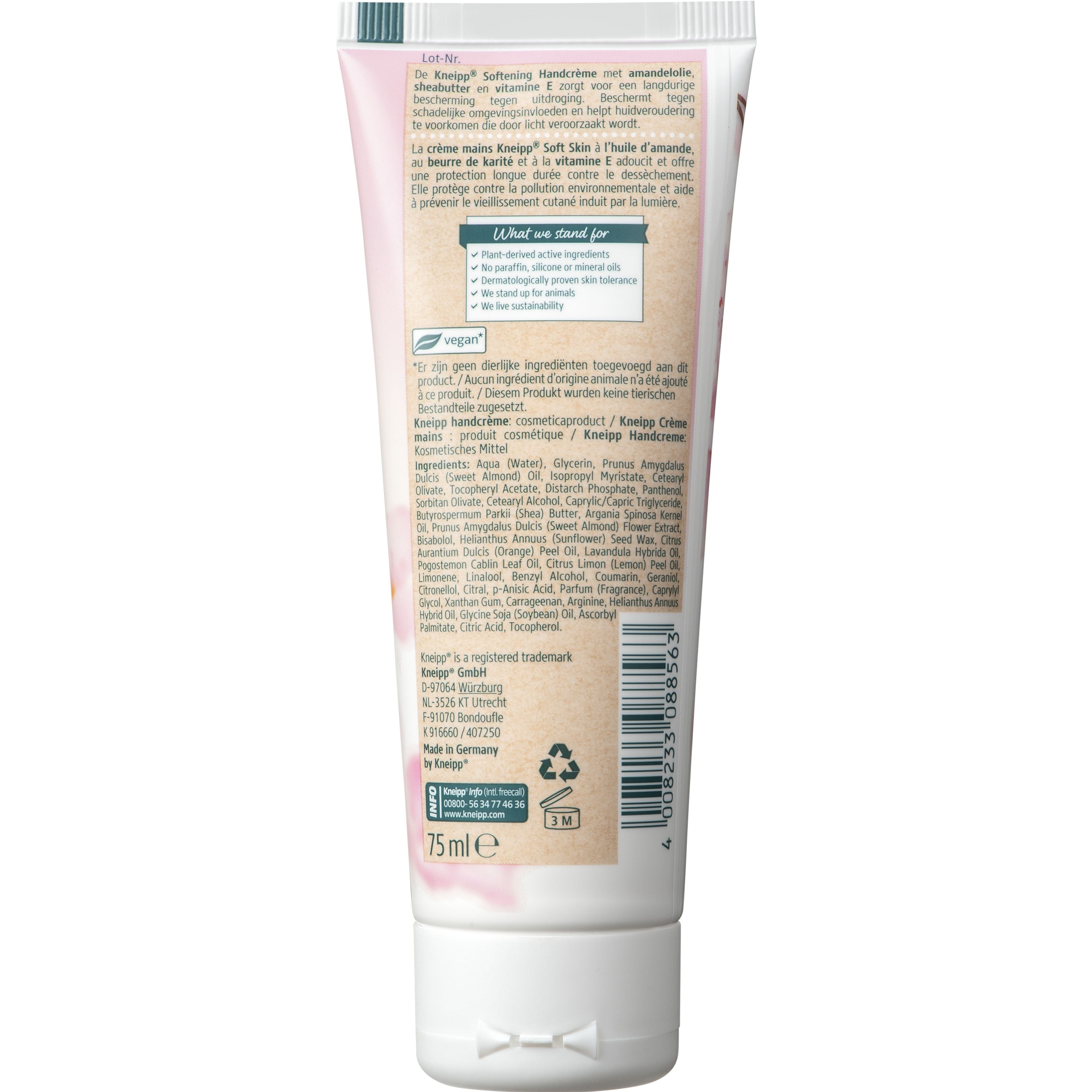 Kneipp Amandolie Hand Cream in 75ml tube showing smooth, softening hand care product with almond oil ingredients.
