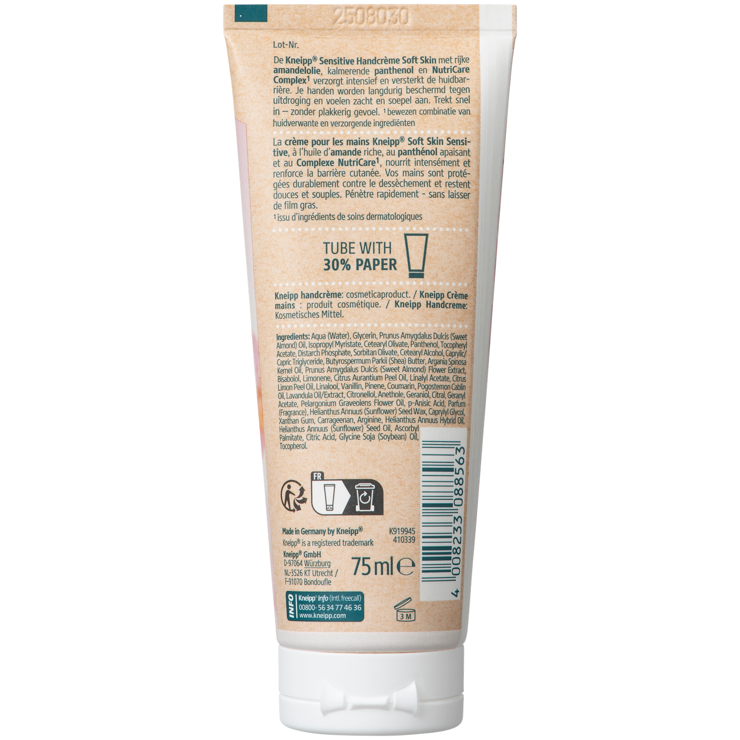 Kneipp Handcrème Soft Skin 75ml, nourishing hand cream in a white tube with blue accents, for soft, moisturized hands.