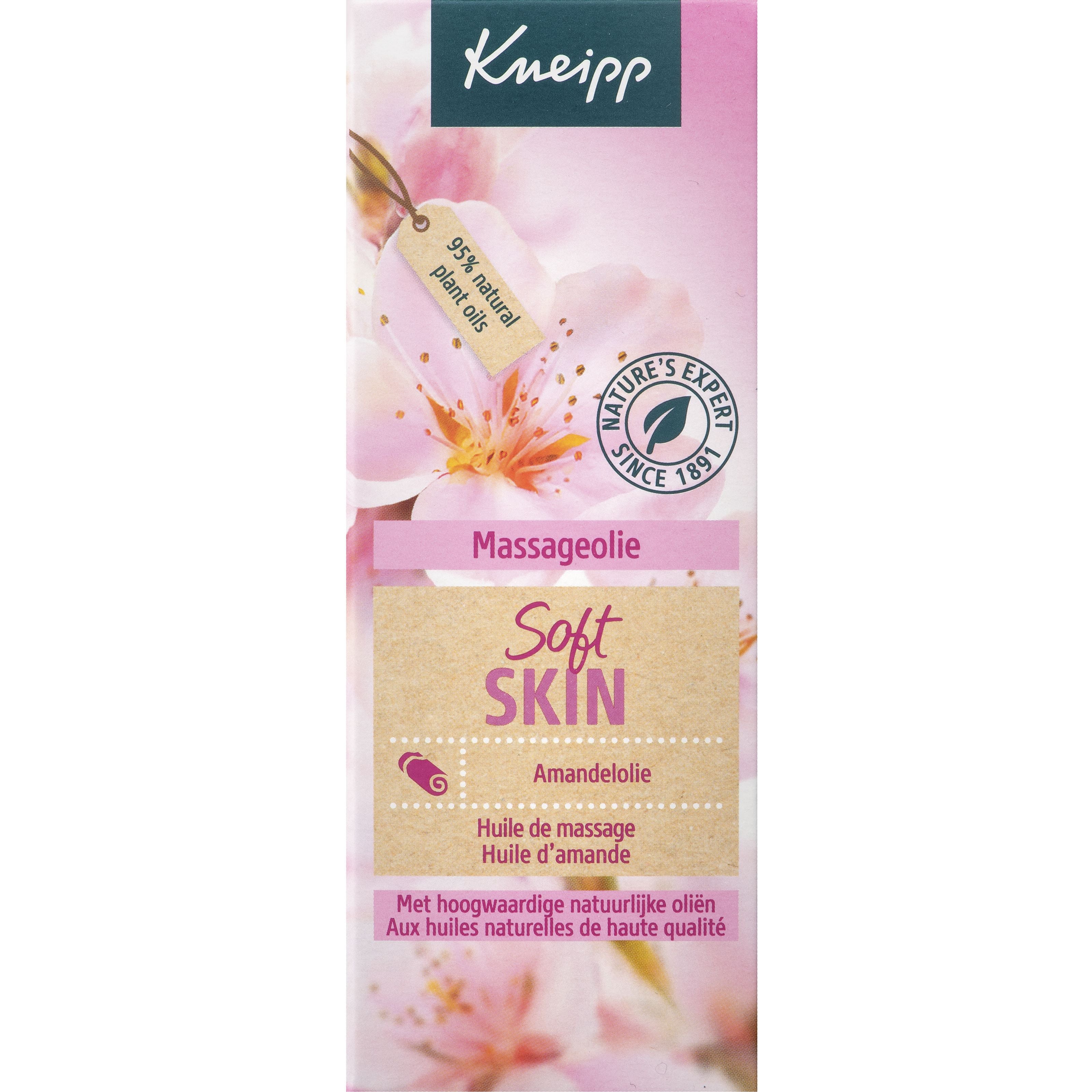 Kneipp soft skin massage oil with almond oil in a 100ml bottle, ideal for body care and moisturizing.