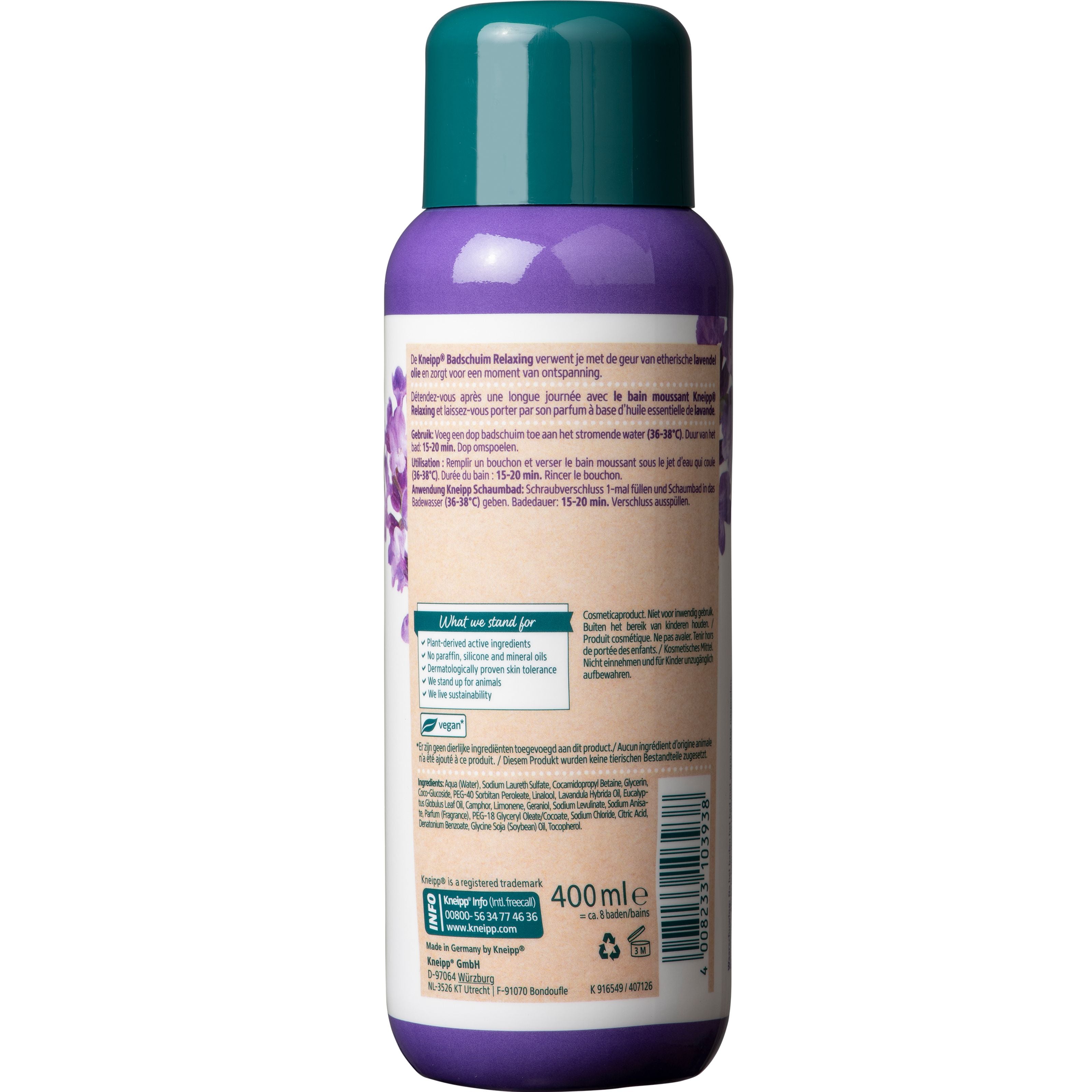 Kneipp Relaxing Lavender Bath and Shower Foam bottle, 400ml, with lavender scent and calming ingredients.