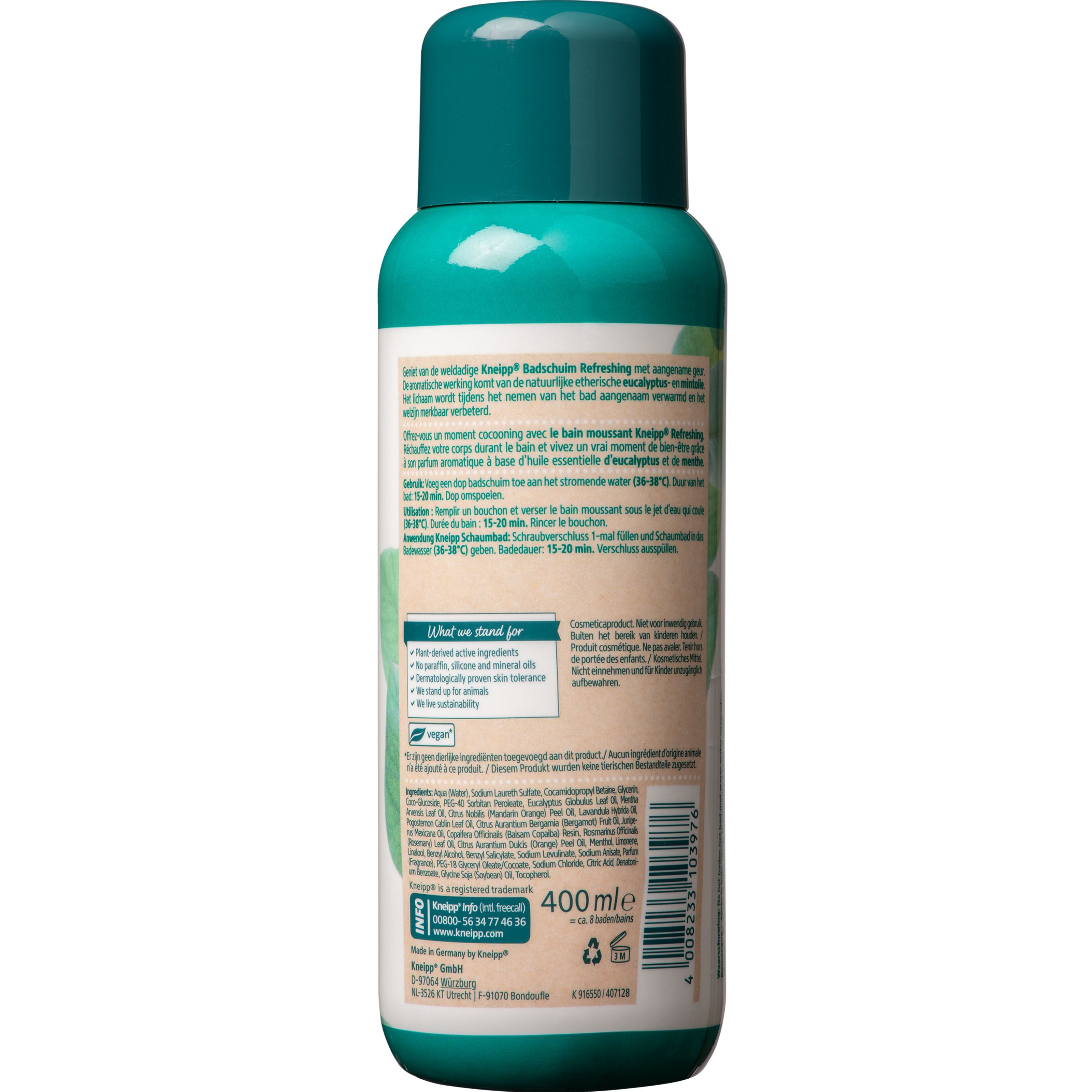 Kneipp Refreshing mint eucalyptus bath and shower foam bottle, 400ml, with mint and eucalyptus scent.