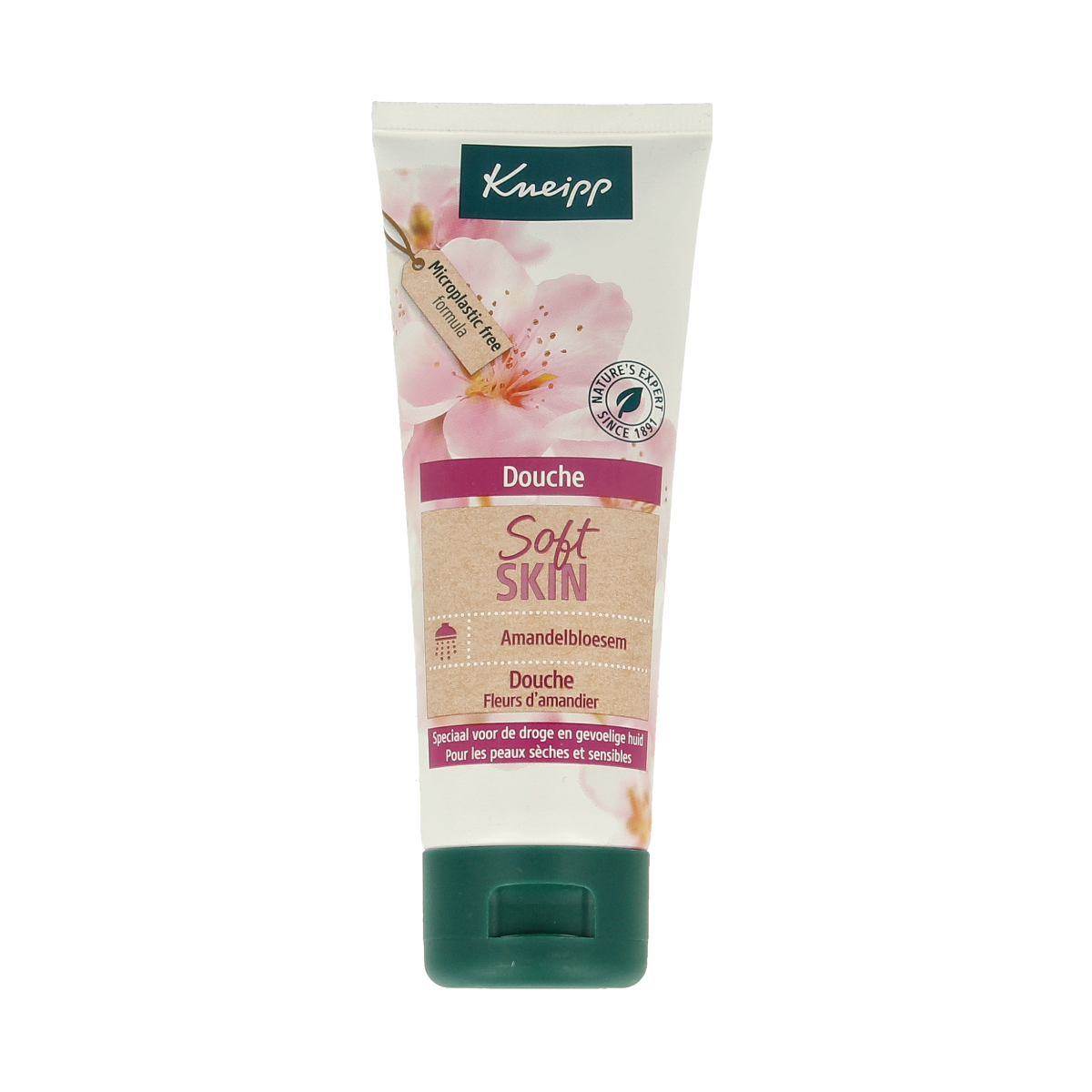 Kneipp Amandel douche mini bottle of 75ml, almond-scented bath and shower product with a white and purple label.
