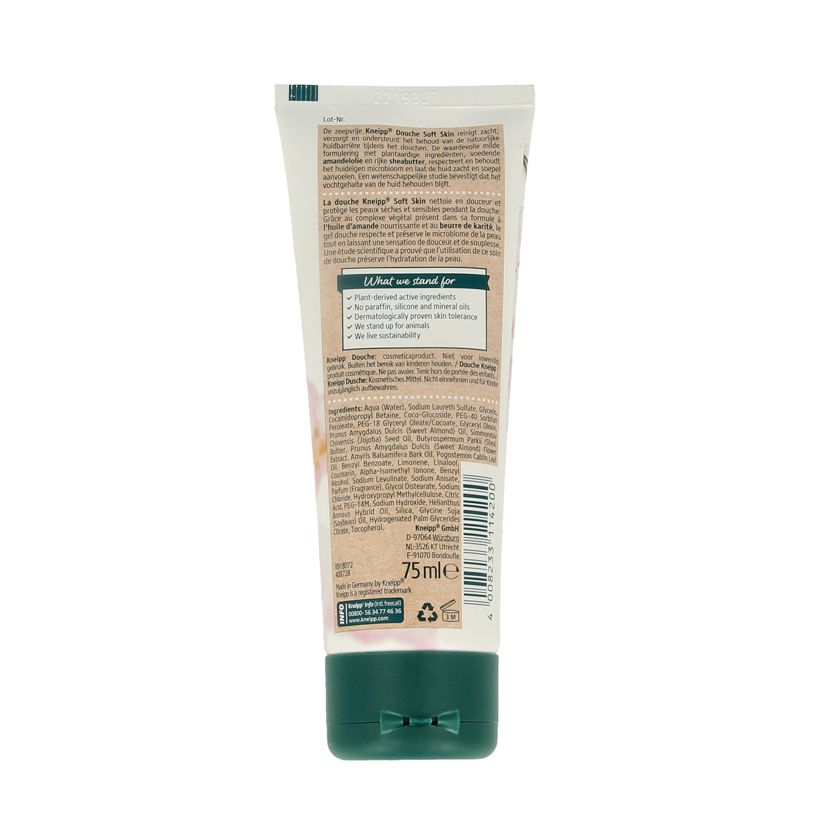 Kneipp Amandel douche mini bottle, 75ml, with almond-scented shower gel in a clear plastic container.
