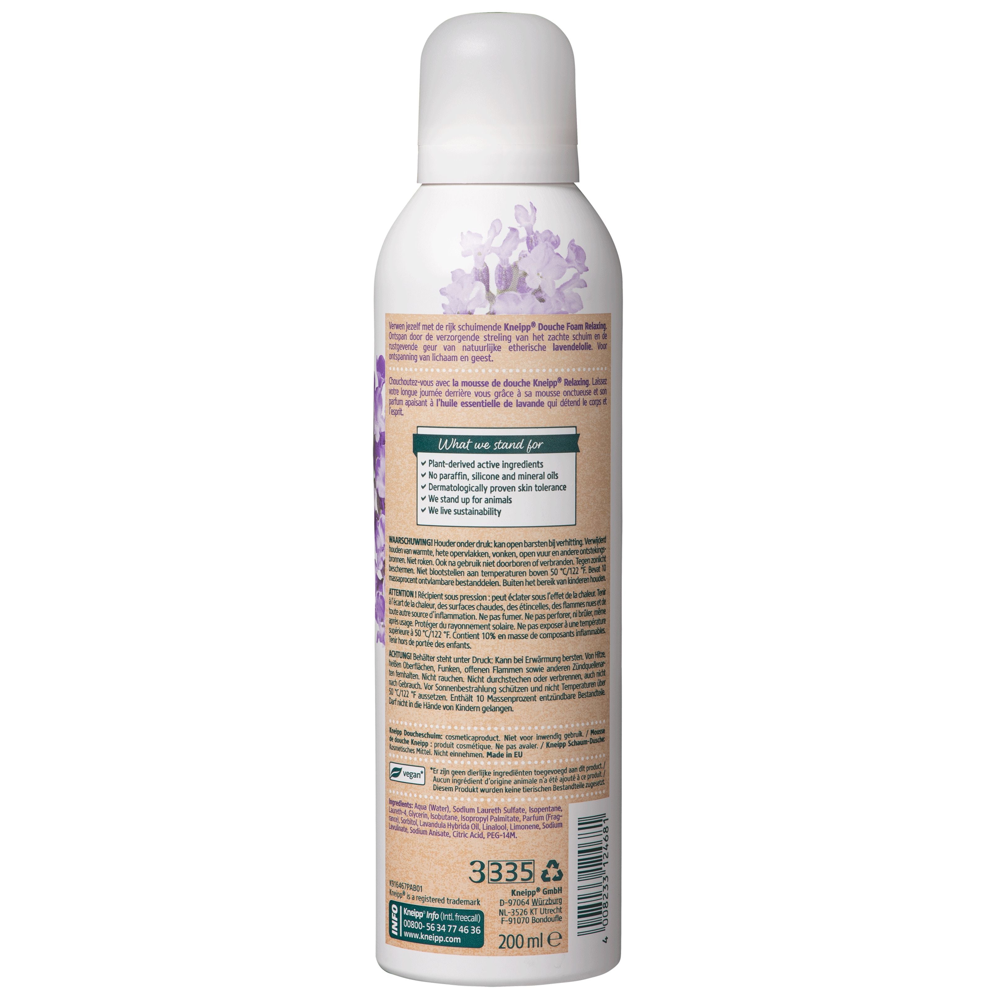 Kneipp Relaxing Lavender Douche Foam in 200ml bottle, gentle bath and shower product with lavender scent.