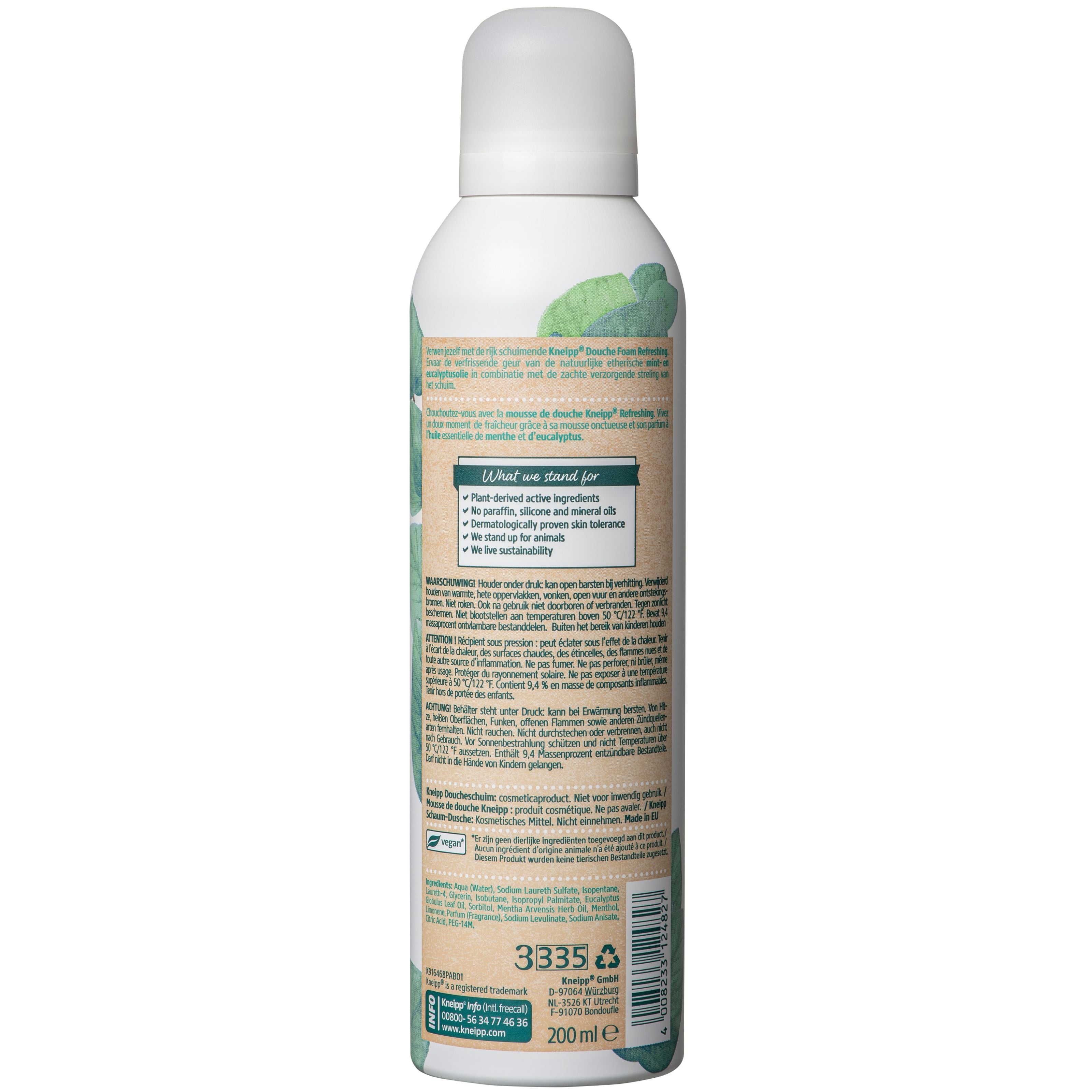 Kneipp refreshing douche foam with mint and eucalyptus, 200ml, in a pump bottle, for cleansing and invigorating the skin.