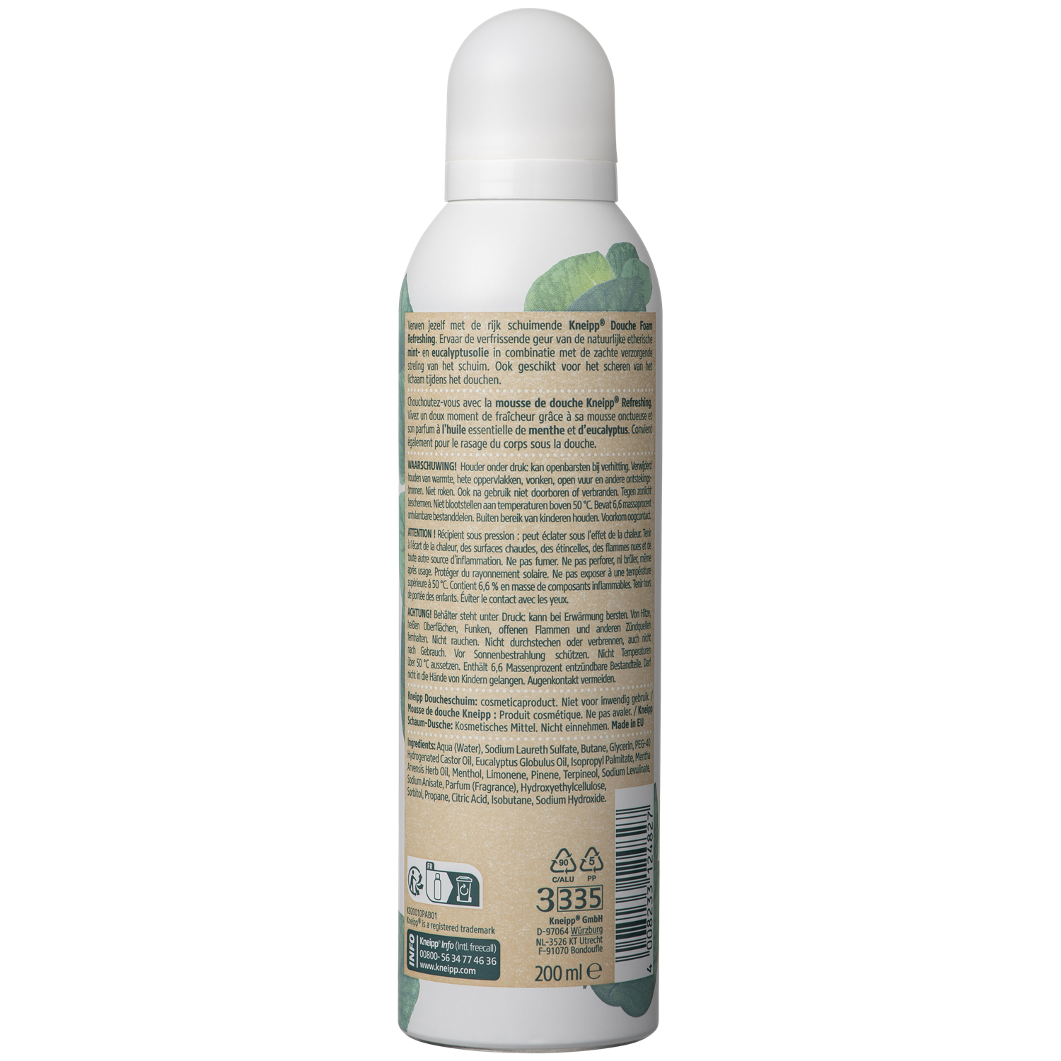 Kneipp Refreshing douche foam in 200ml bottle, creamy texture, and refreshing scent for a revitalizing shower experience.