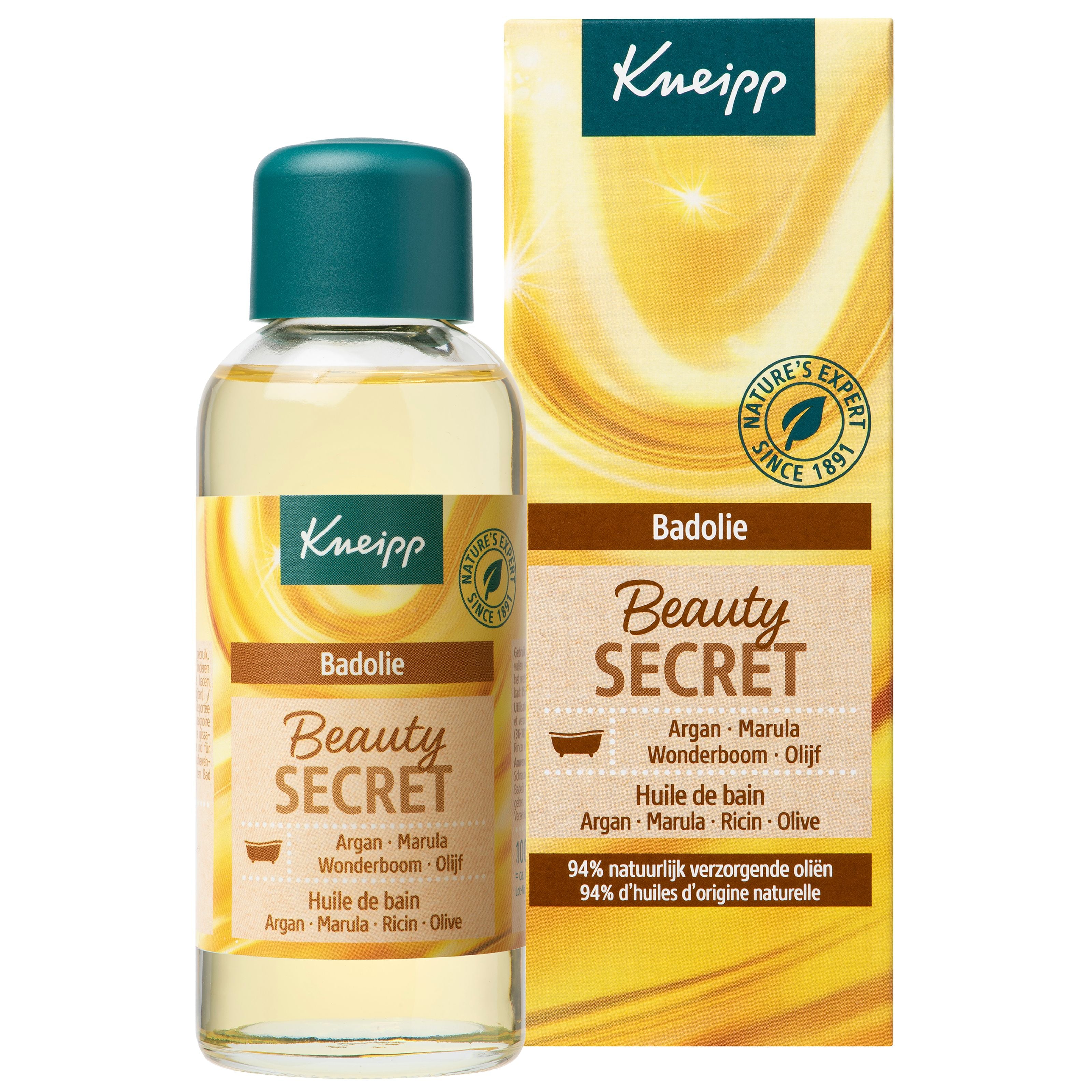 Kneipp Beauty Secret Olive bath and shower oil in a 100ml bottle, with olive oil visible in the clear bottle.