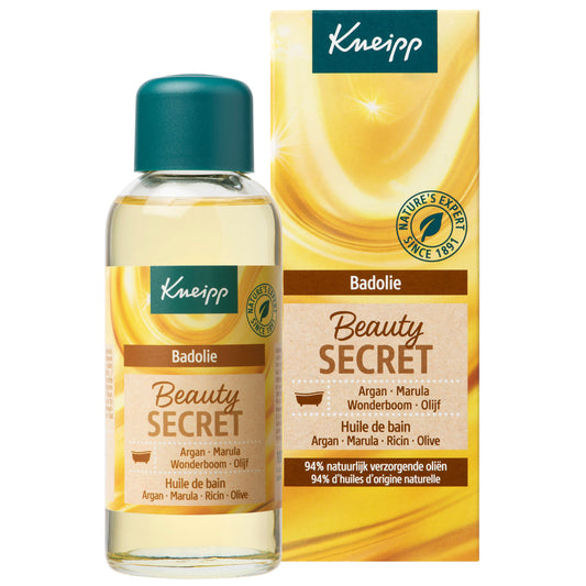 Kneipp Beauty Secret Olive bath and shower oil in a 100ml bottle, with olive oil visible in the clear bottle.