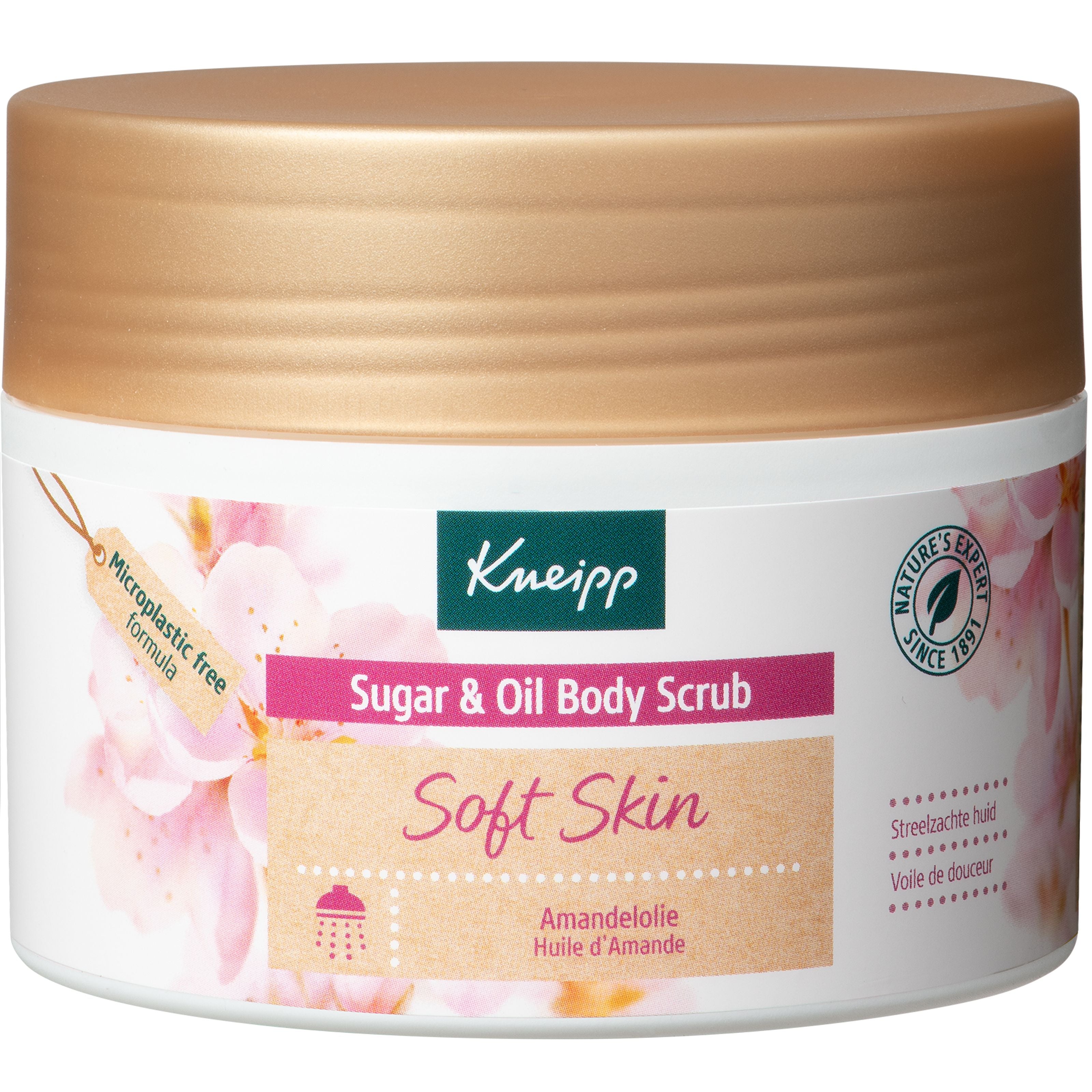 Kneipp Soft Skin Sugar & Oil Body Scrub with Almond Oil, 220g, in a jar showing the creamy scrub with almond pieces.